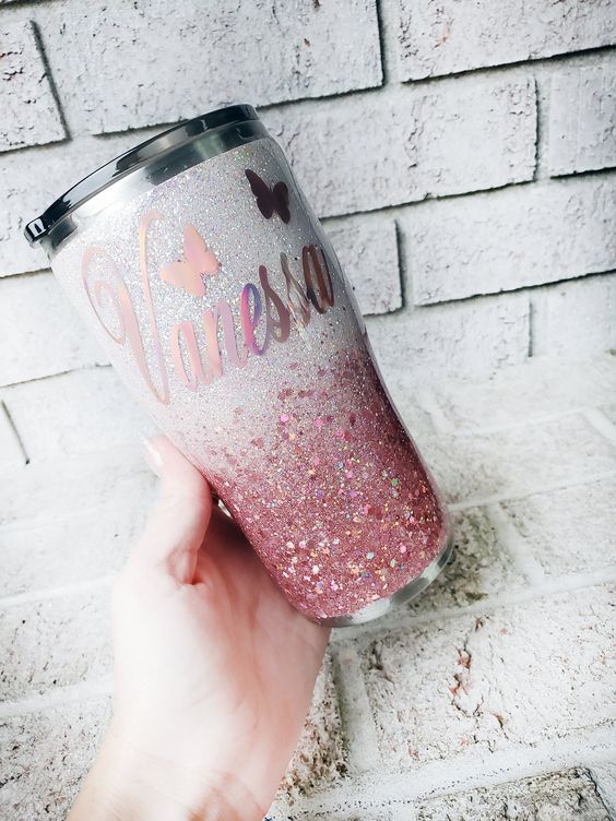 Pink Butterfly Glitter Tumbler