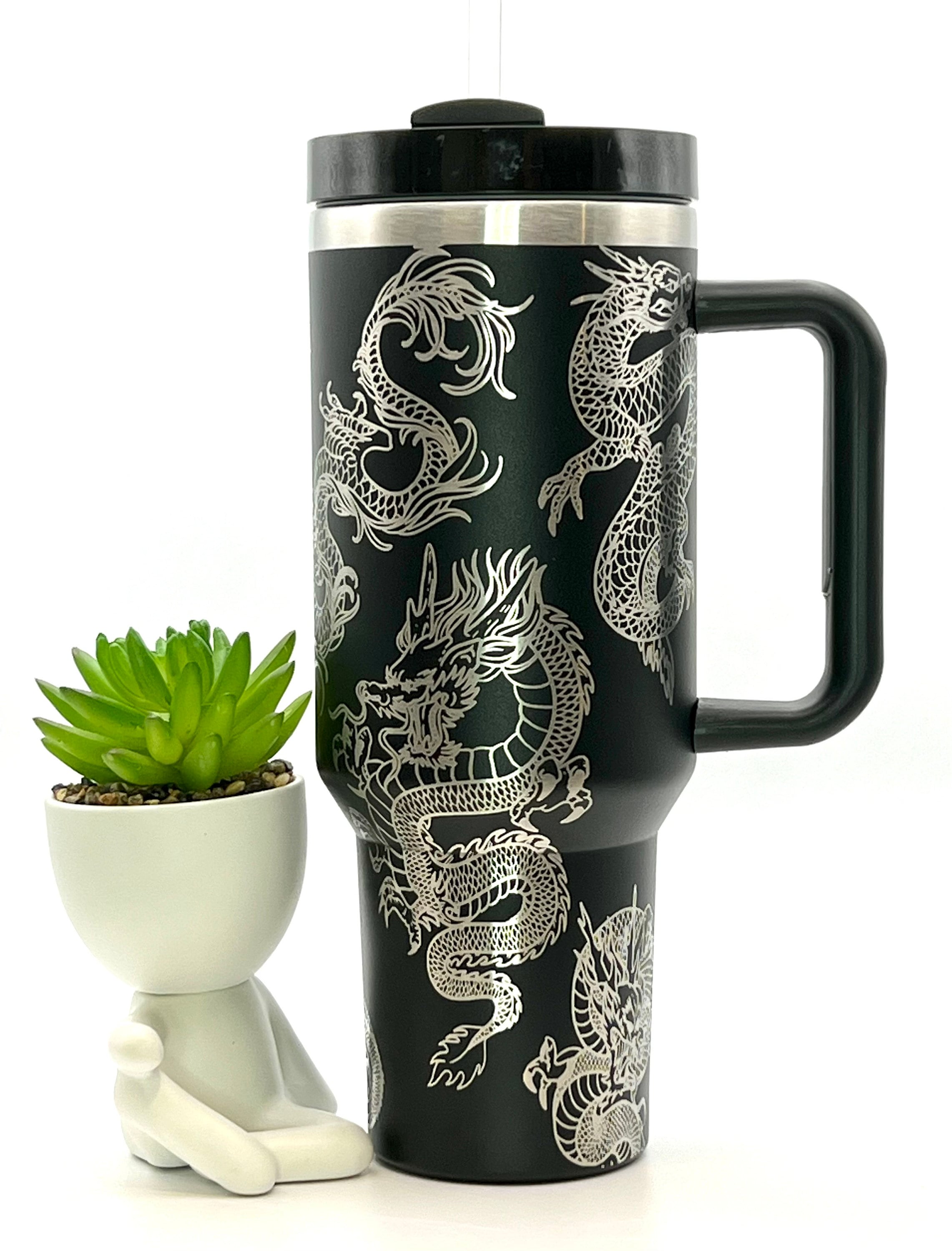 Chinese Dragons Laser Engraved 40oz Tumbler with Handle Lid and Straw, Custom Engraved Seamless Tumbler, Double Wall Insulated Cup