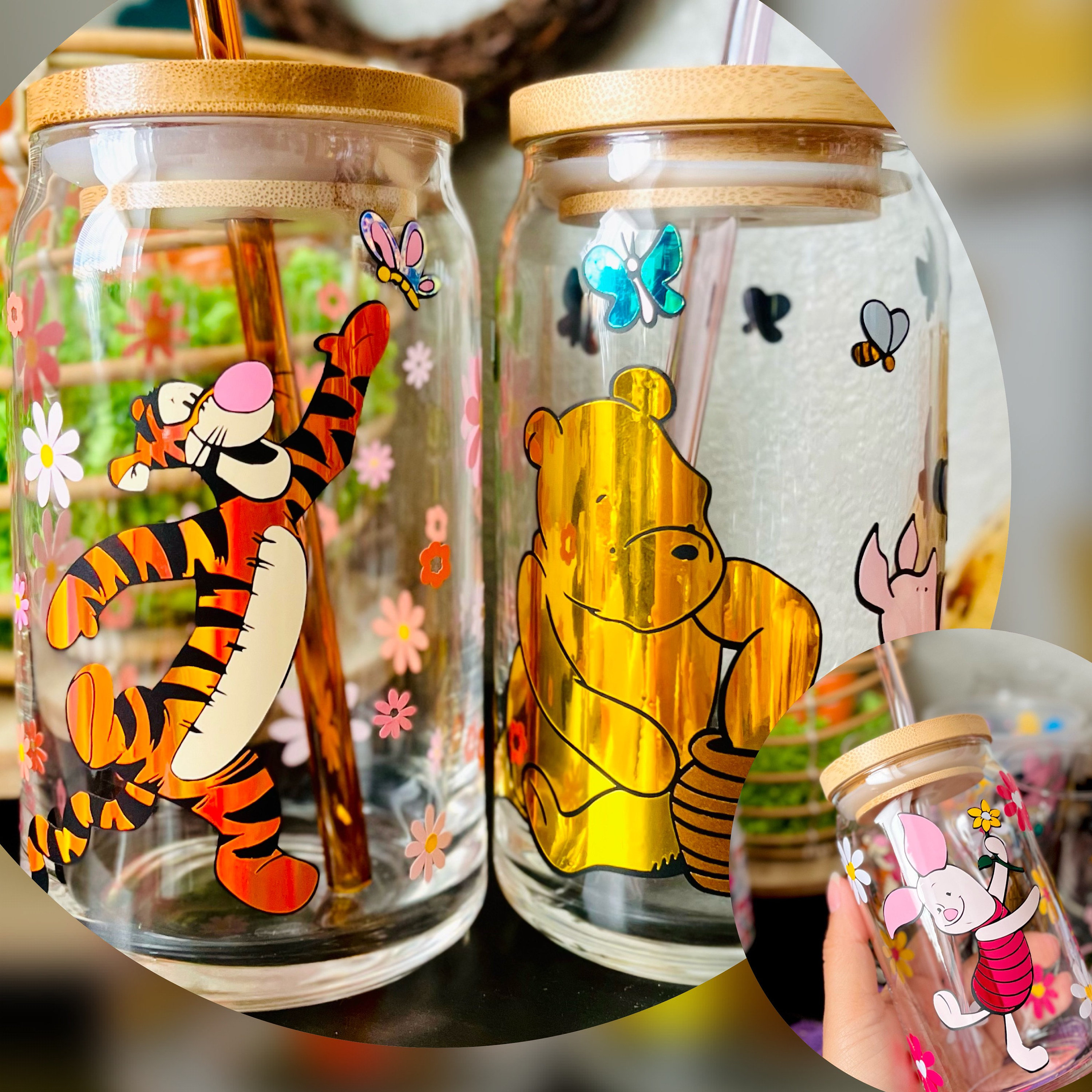 Disney Bear Tiger 16oz Beer Can Glass | Spring Cup | Iced Coffee | Smoothie | Gift | Mom | Daisies | Bunny | Disney Ears Pooh Tigger Piglet