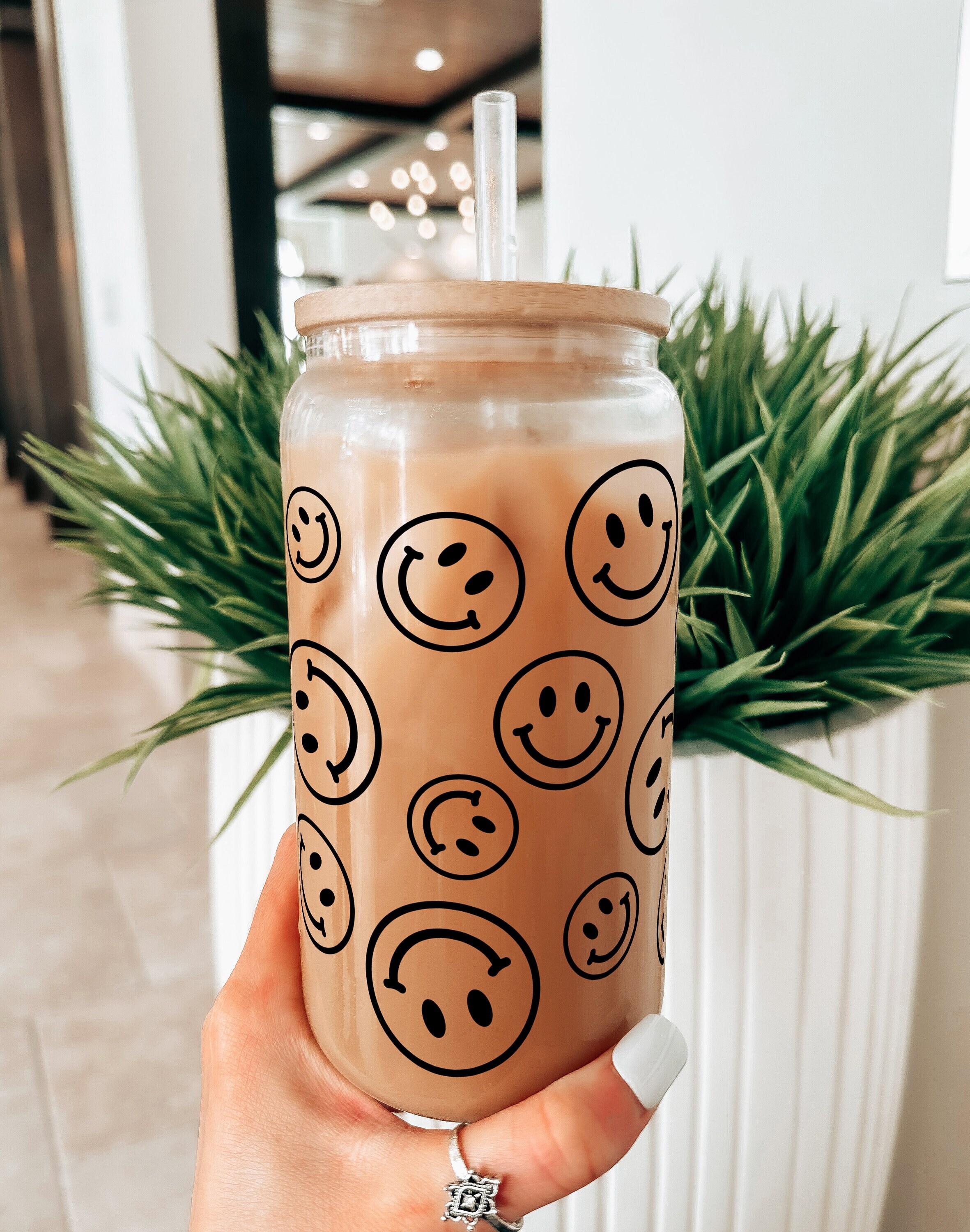 Personalized Smiley Face Glass Cup w/ Bamboo Lid & Straw – 16Oz Minimalist Design, Bridal party Self Care Gifts – Customizable Sustainable