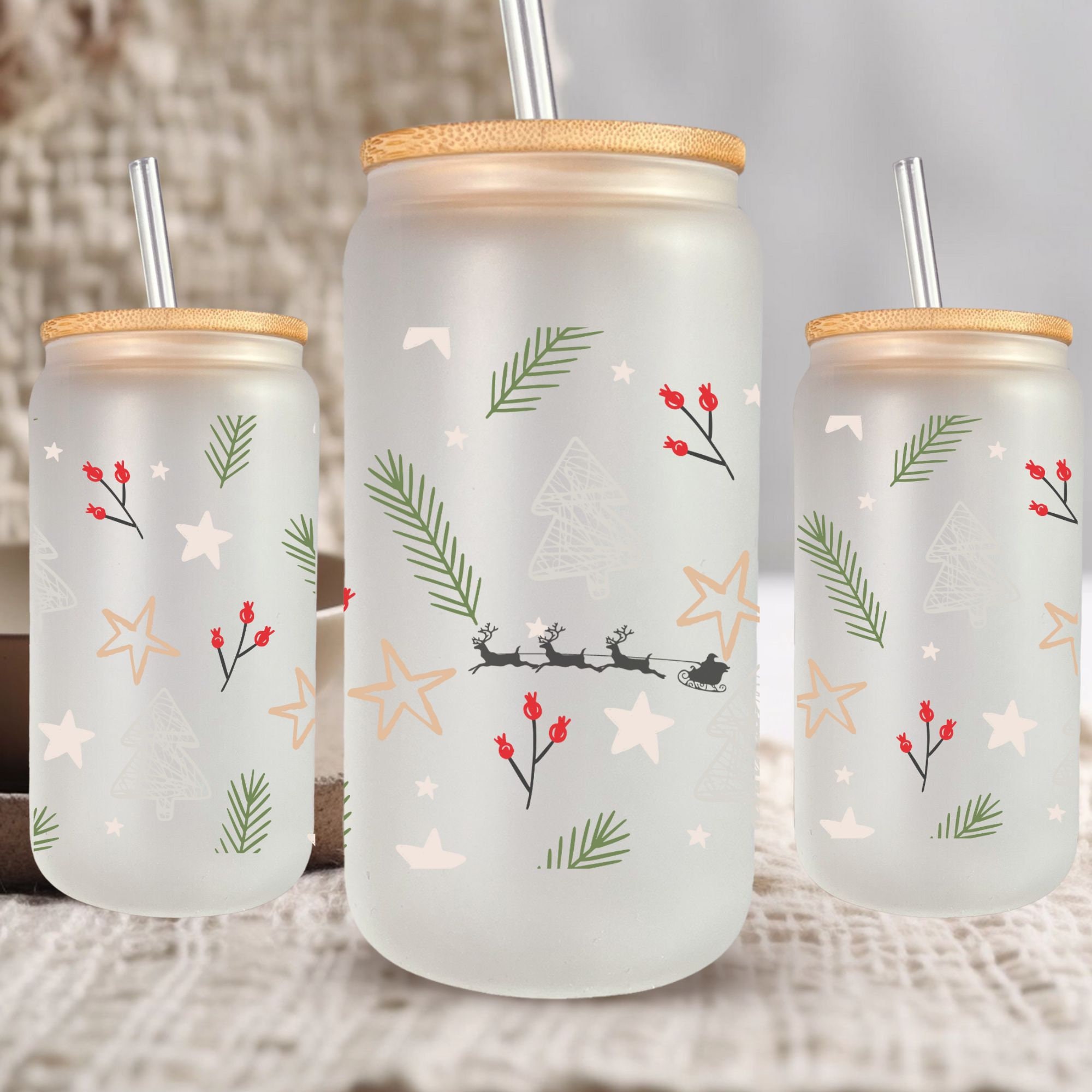 Christmas Glass Can, Minimalist Christmas Iced Coffee Glass Cup, Christmas Coffee Mug, Holiday Glass Can, Stocking Stuffer, Secret Santa