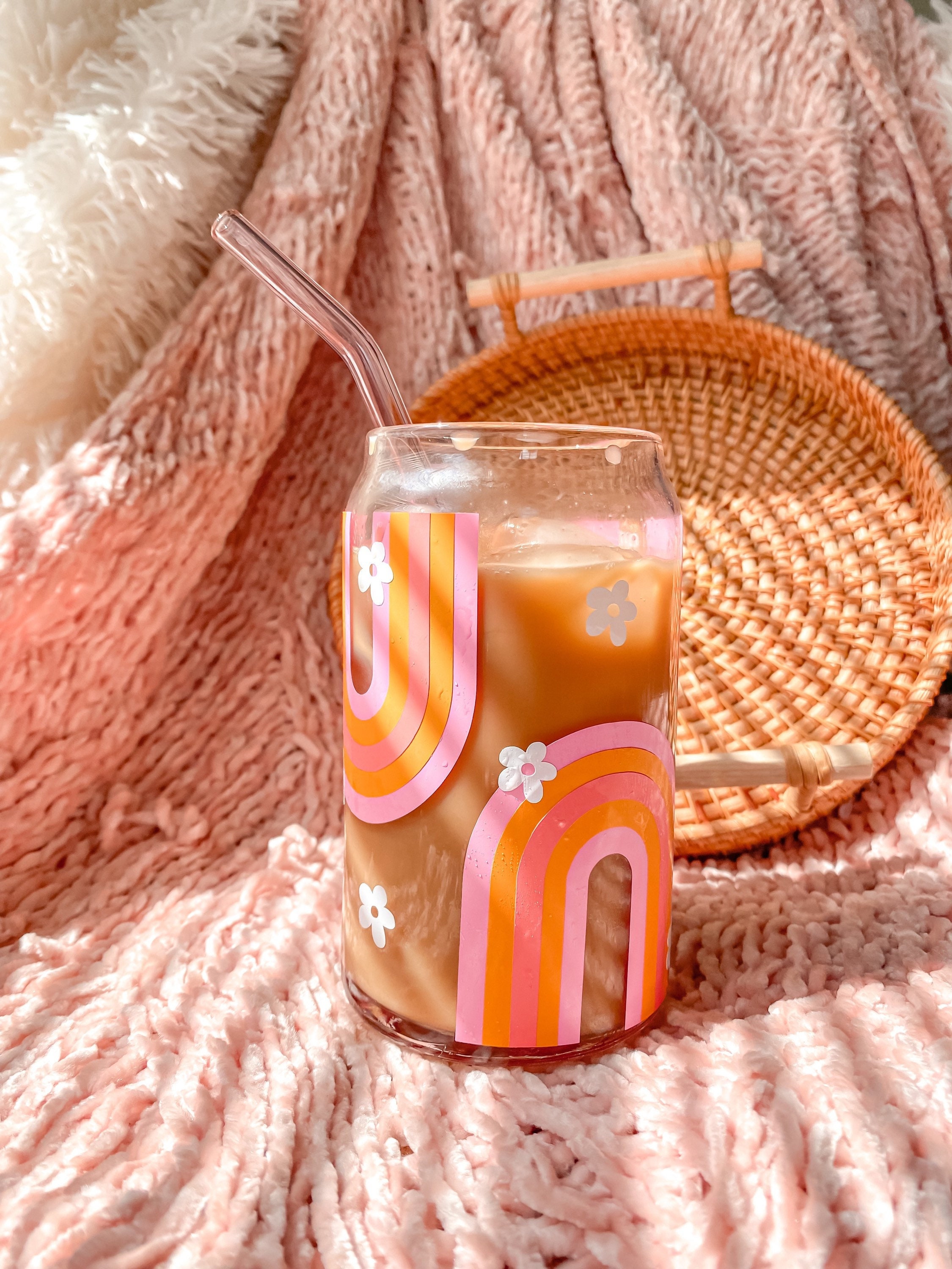 Retro & Groovy Rainbow Aesthetic Beer Can Shaped Glass | Cute Boho Flowers Inspired Iced Coffee Cup Mug | Mother’s Day or Best Friend Gift