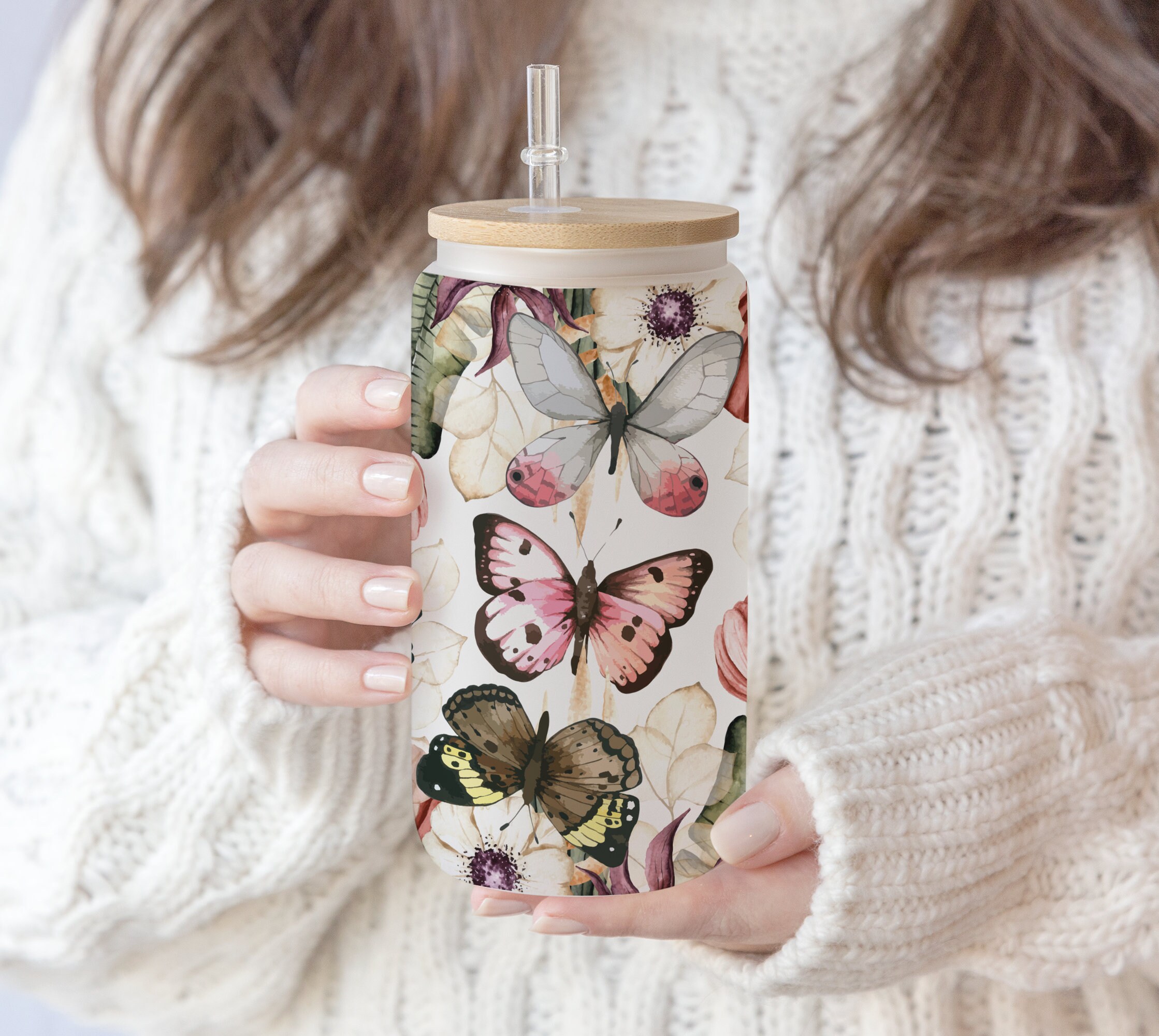 2 files 16 oz Libbey Glass Can Tumbler Sublimation Design Butterfly Sunflower gift for Mom Floral Seamless Wrap Boho butterflies png