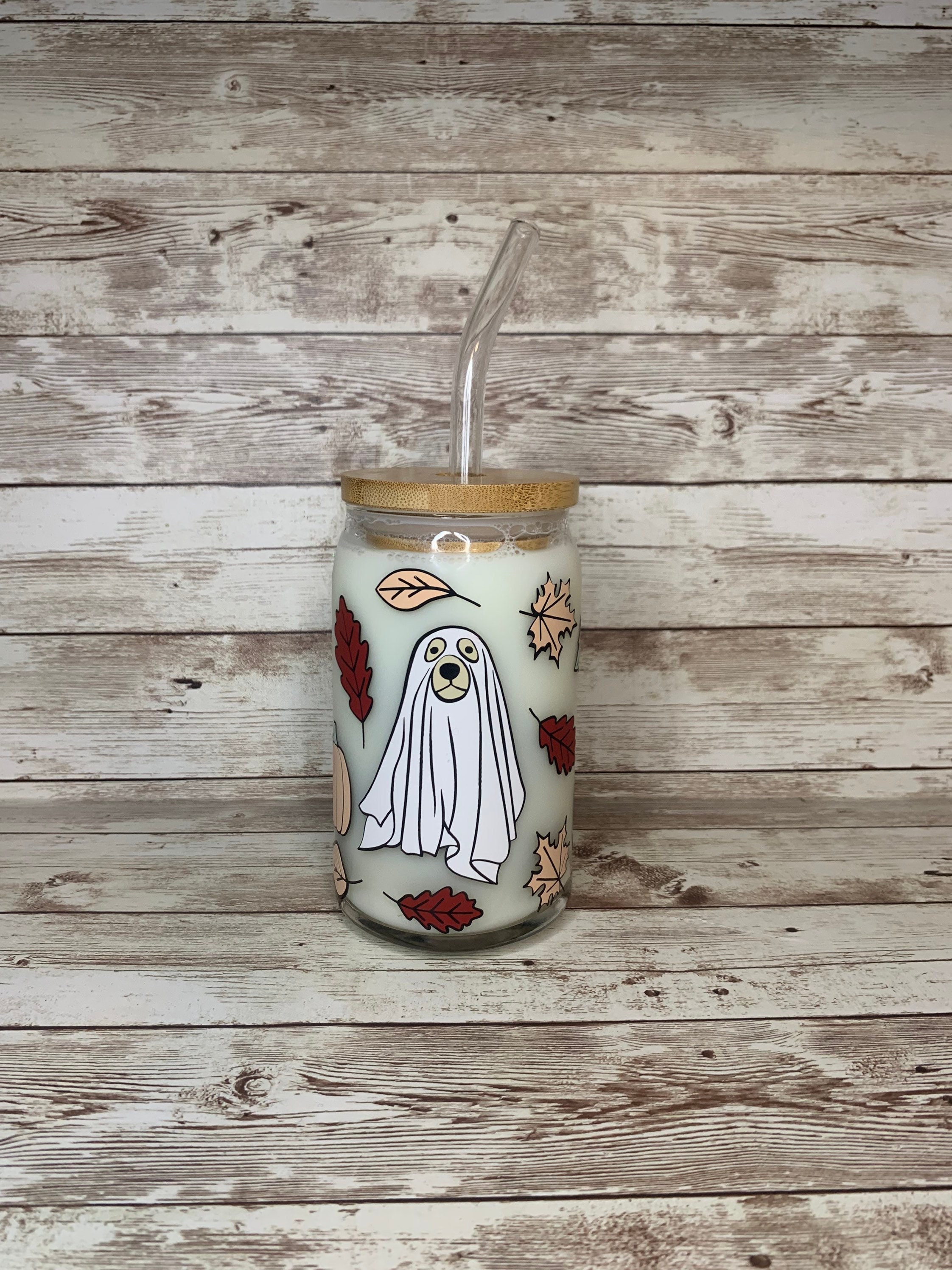 Halloween Dog Beer Can Glass / Cute Ghost Dog Coffee Cup / Halloween Gift / Custom Iced Coffee Cup / Spooky Season / Gift for Her /