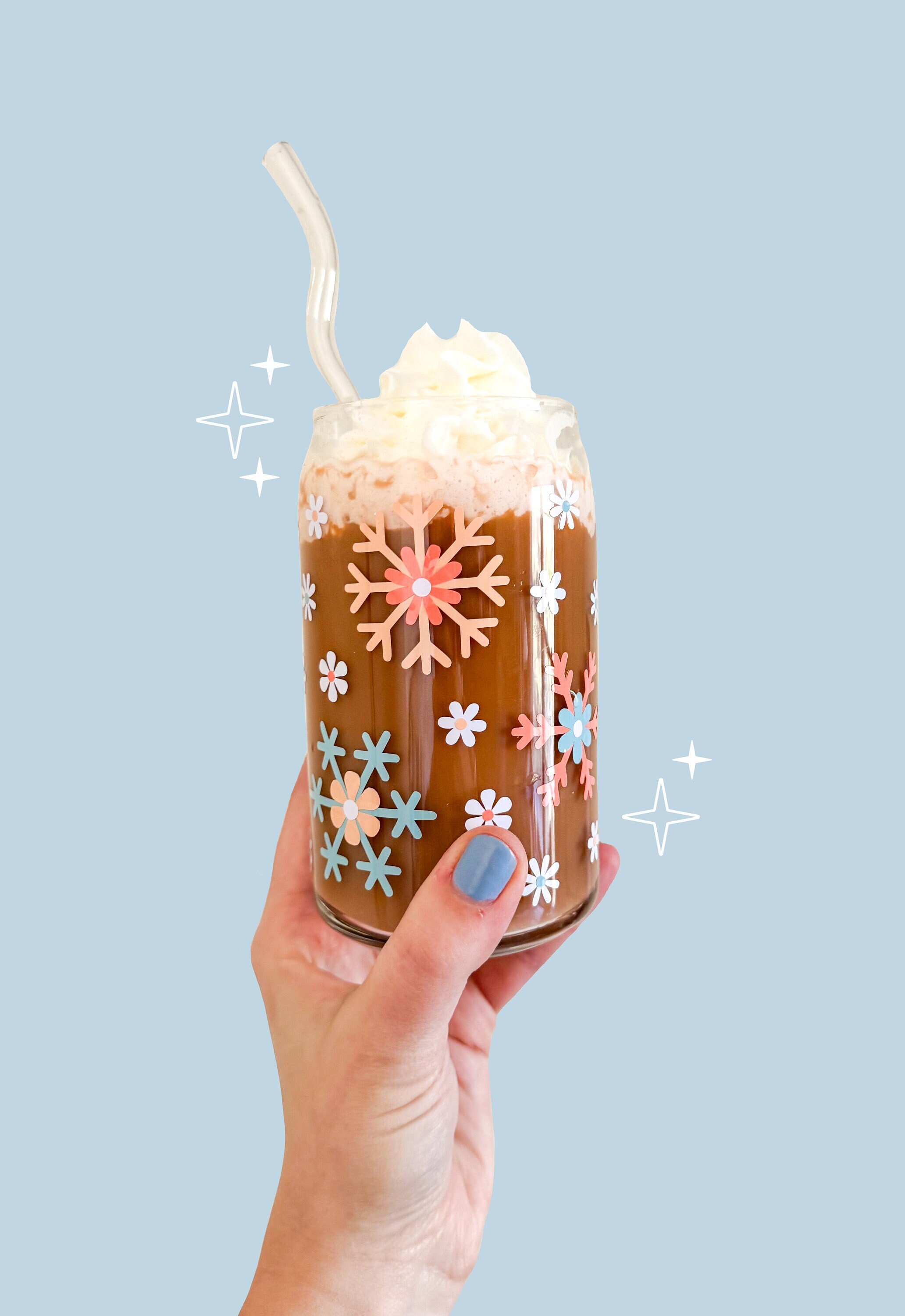 Floral Snowflake Glass Cup | Snowflake Glass Cup | Snowflake Cup | Christmas Iced Coffee Cup | Iced Coffee Lover Gift | Coworker Gift