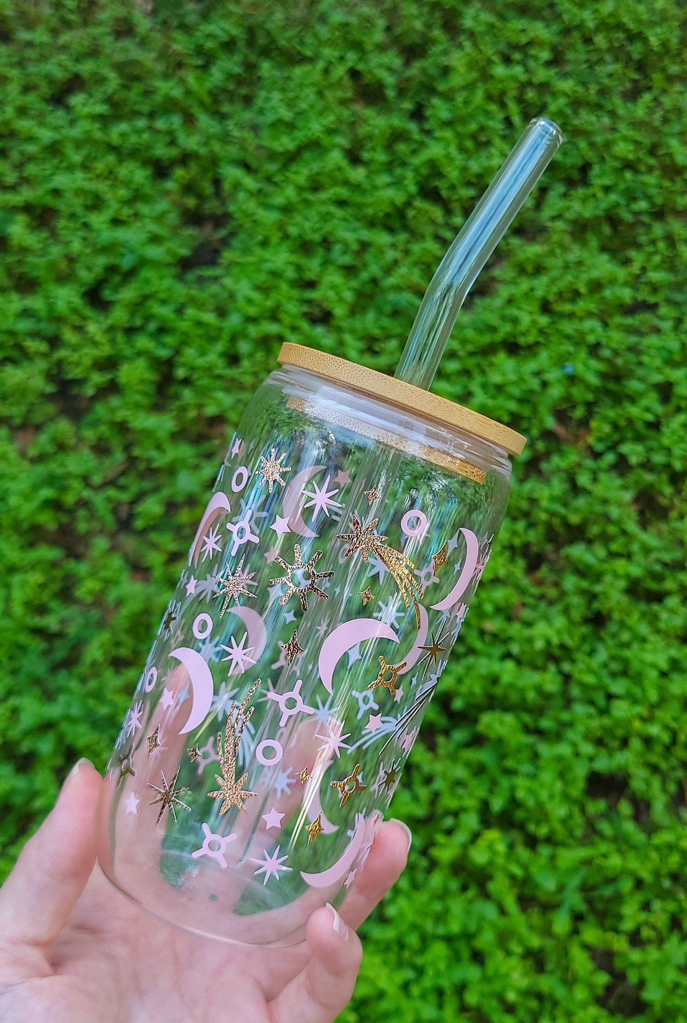 Celestial Glass Cup With Lid And Straw Sun Moon Stars Iced Coffee Glass Cup Celestial Gift For Her Astronomy Gift For Astrology Lover Cup