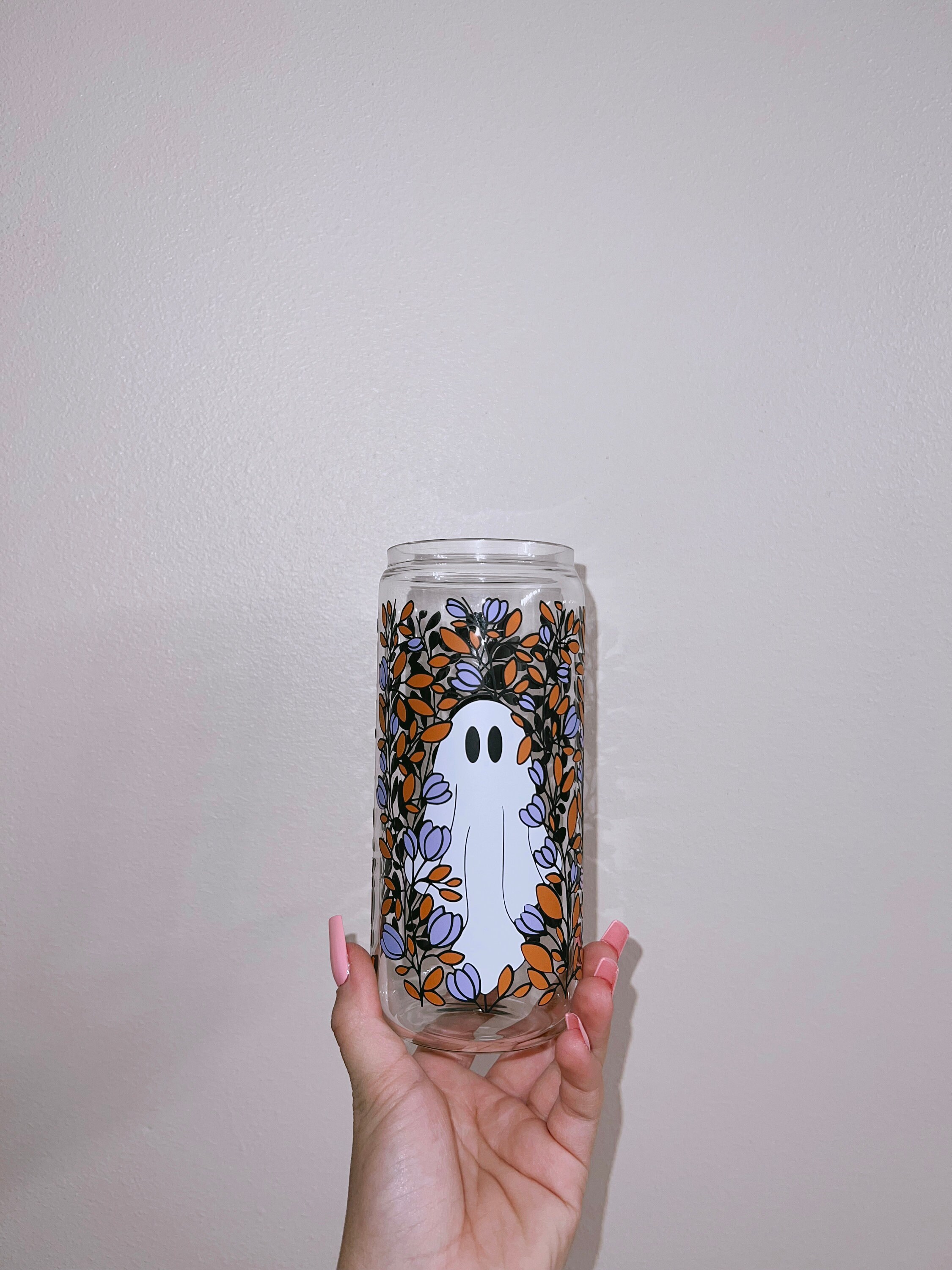 Fall ghost can glass | 20 oz can glass cup | boho |  floral ghost glass cup | fall glassware | iced coffee glass