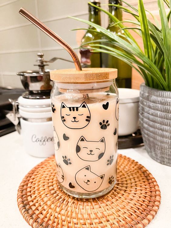 Cat Lover Coffee Cup, Pet Gift, Cat Face Design, Ice Coffee Glass Tumbler