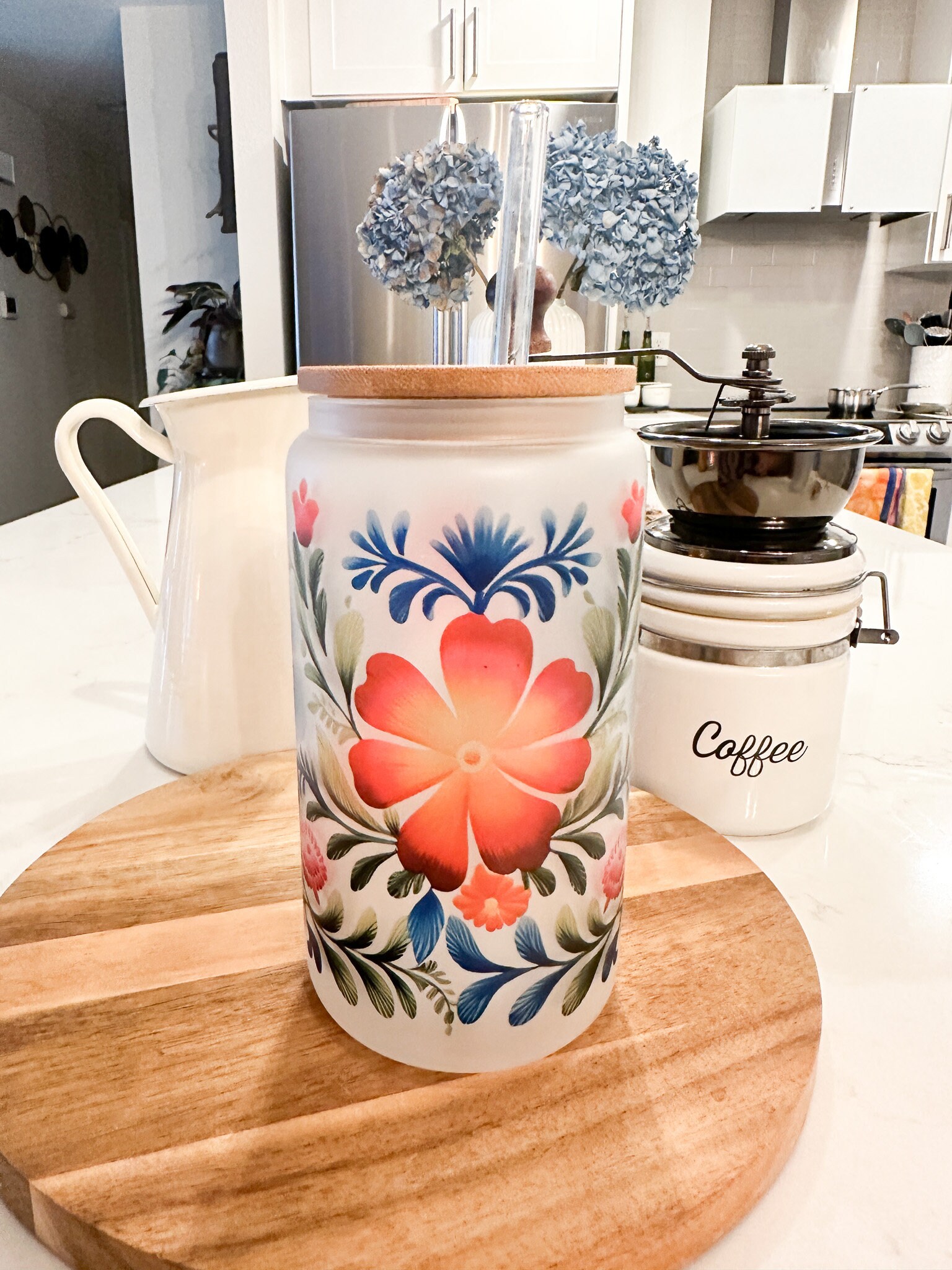 Mexican Embroidery Pattern Iced Coffee Cup, Iced Coffee Drink, 16 oz Frosted Glass Tumbler, Mexican Cafe Gift, Hispanic Floral Pattern