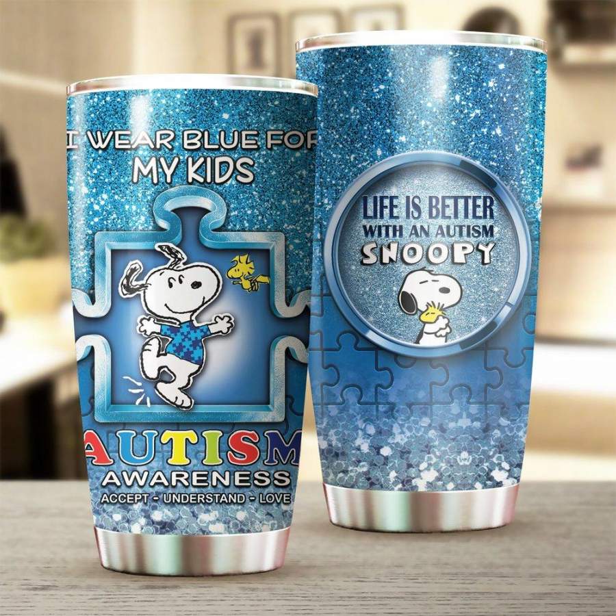 Snoopy I Wear Blue For My Kids Stainless Steel Tumbler 20 Oz Gift For Autism Awareness