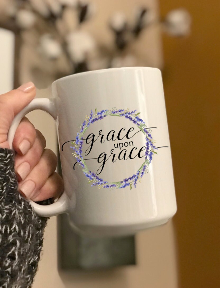 Grace upon Grace coffee cup mug, Grace of God coffee cup gift, His grace is enough coffee cup mug, christian coffee cup mug lavender wreath