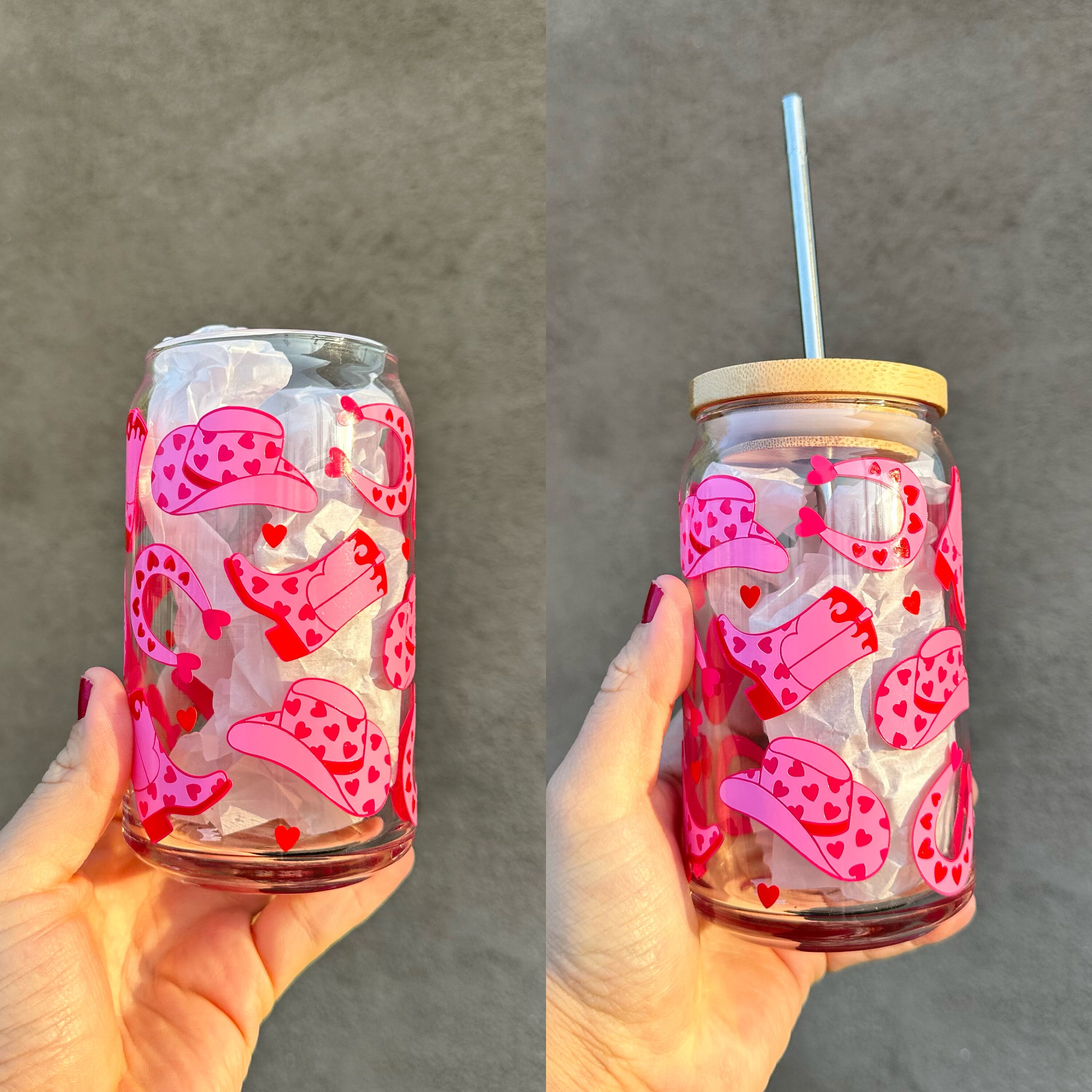 Valentine Cowgirl Boots Beer Glass Cups, Valentines Day Decor, Pink Valentine, Cowgirl theme cups, Valentine Heart, Glass Can, Bamboo Lid,