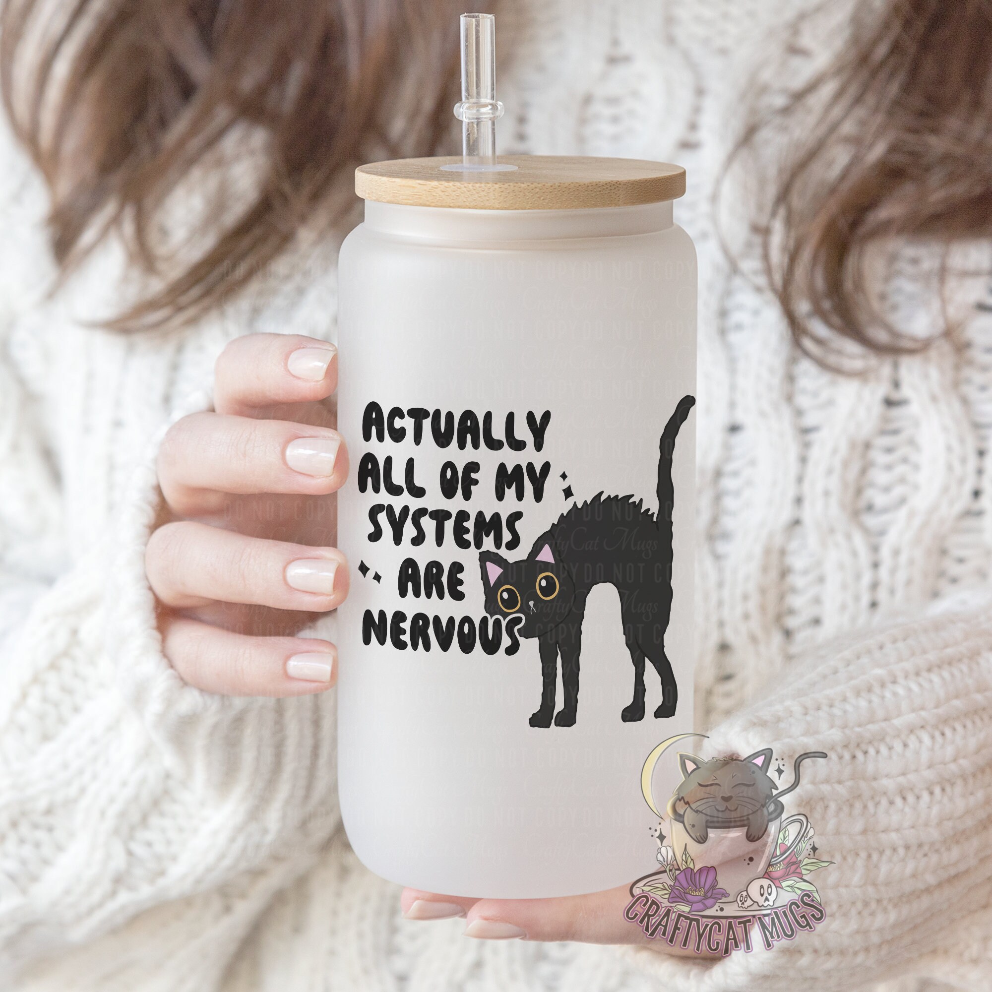 Frosted Glass Can | Iced Coffee Cup | Cute Black Cat on Floral Skull