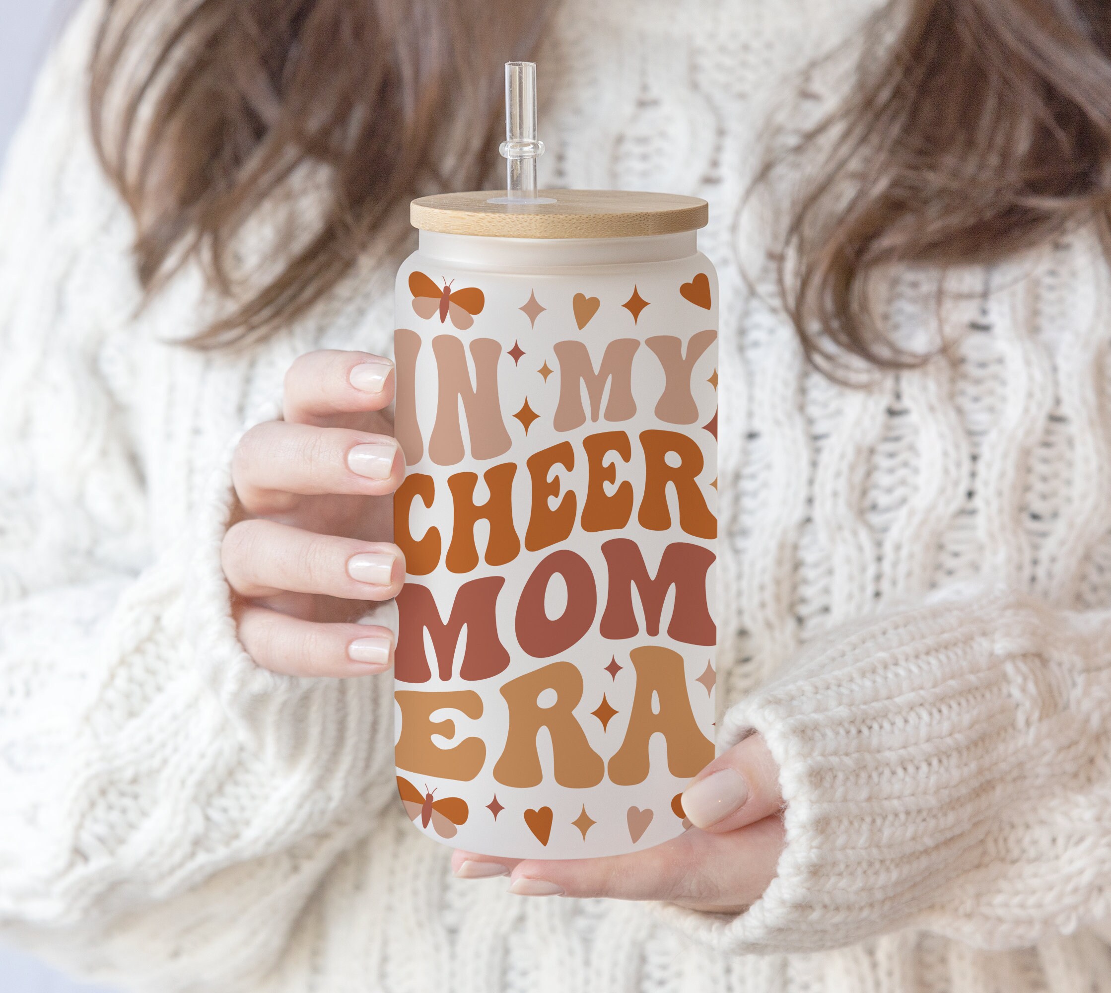 16 oz Sublimation Can Glass Groovy In My Cheer Mom Era | Mom Life | Trendy Gift for Mom | Funny Mom l Mother day Digital Download PNG file