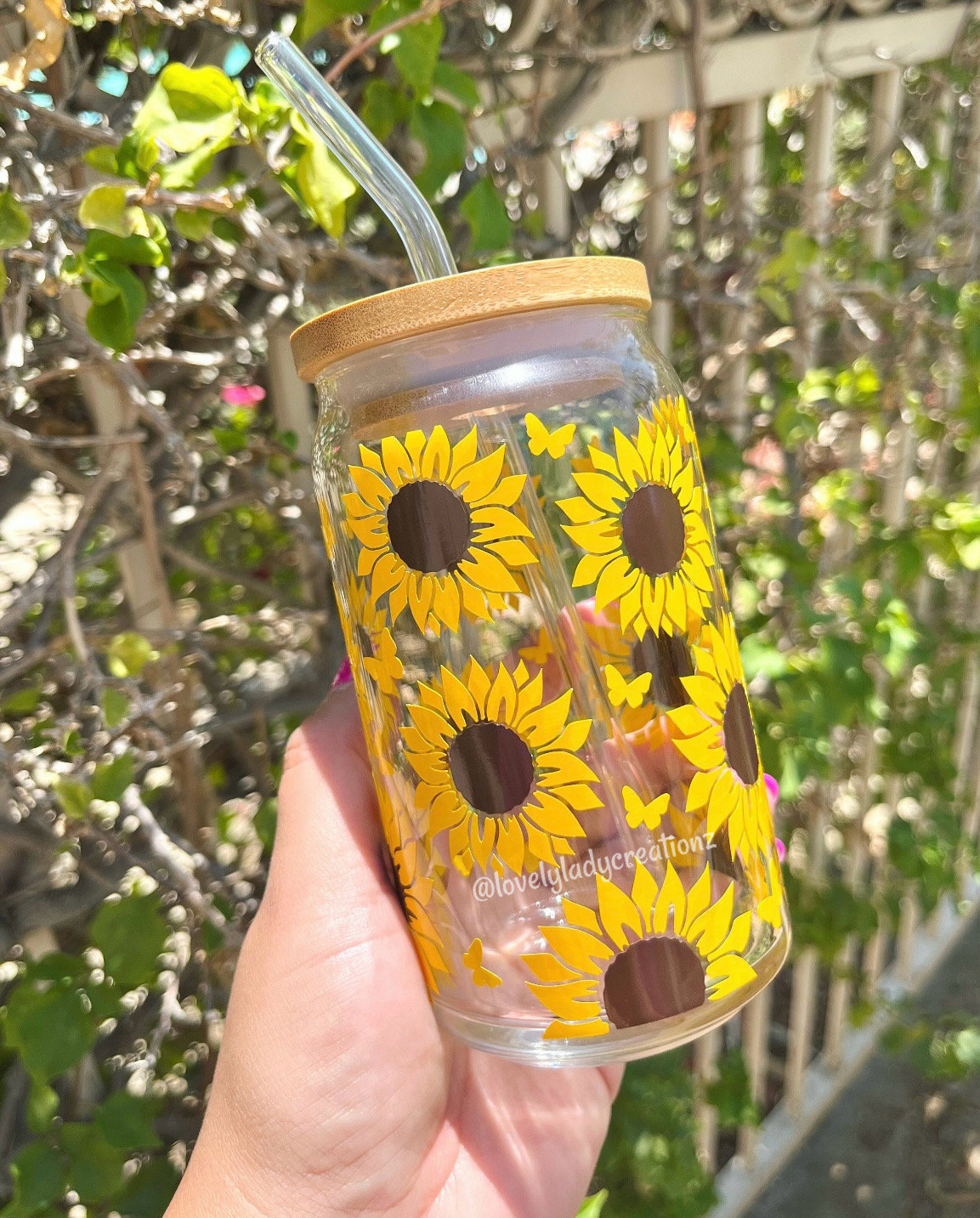 Sunflower and Butterfly Glass Cup / Sunflowers Cup / Butterflies Cup / Libbey Glass Cup / Cute Glass Cup / Iced Coffee Cup