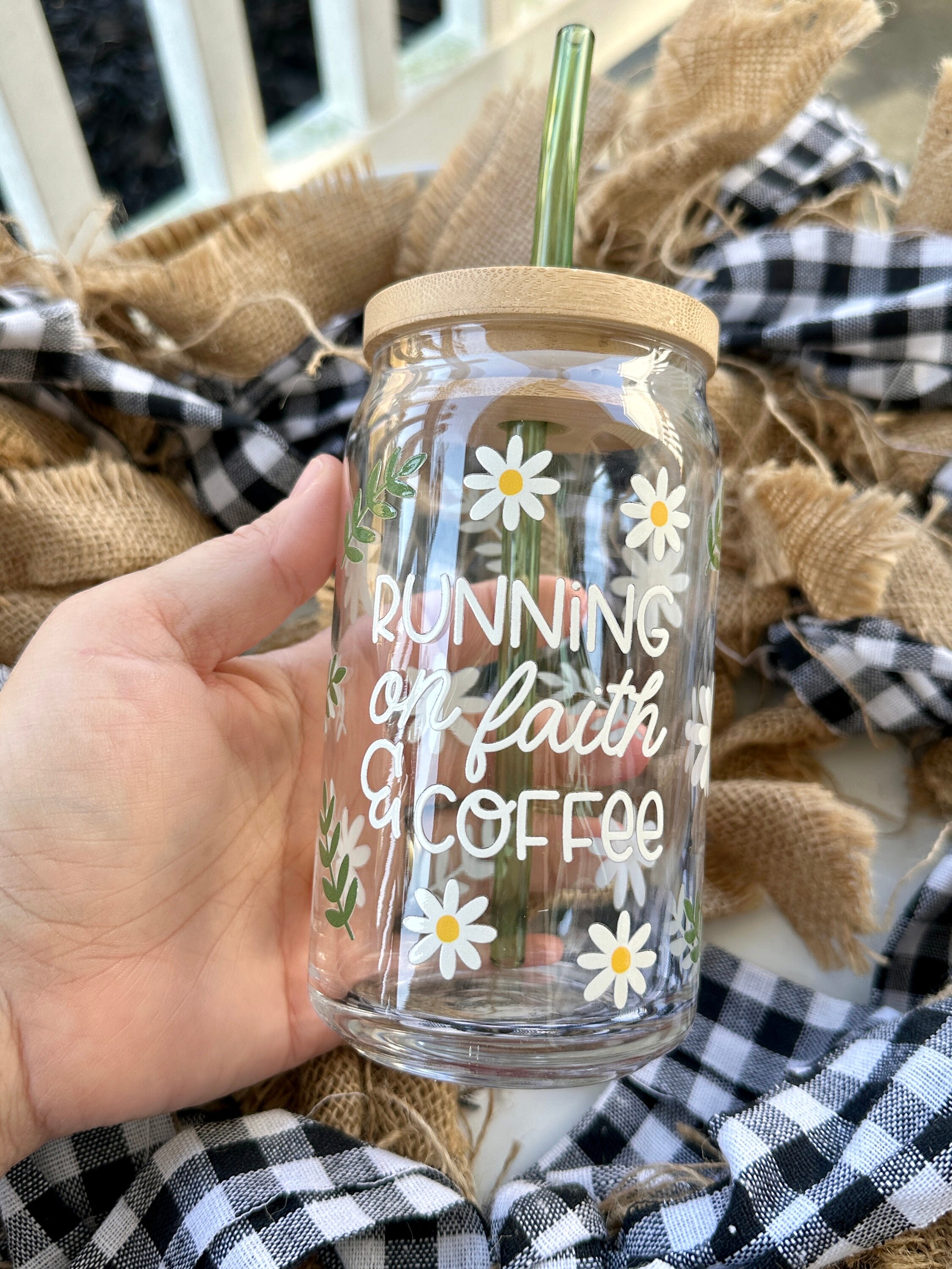 Running on faith and coffee beer can coffee glass| Christian coffee glass | faith coffee glass