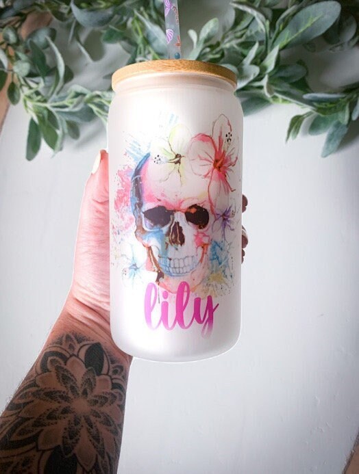 Personalized Glass Cup – floral skull with name/ Libbey cup/Floral beer can cup/ glass beer can cup/ skull cup