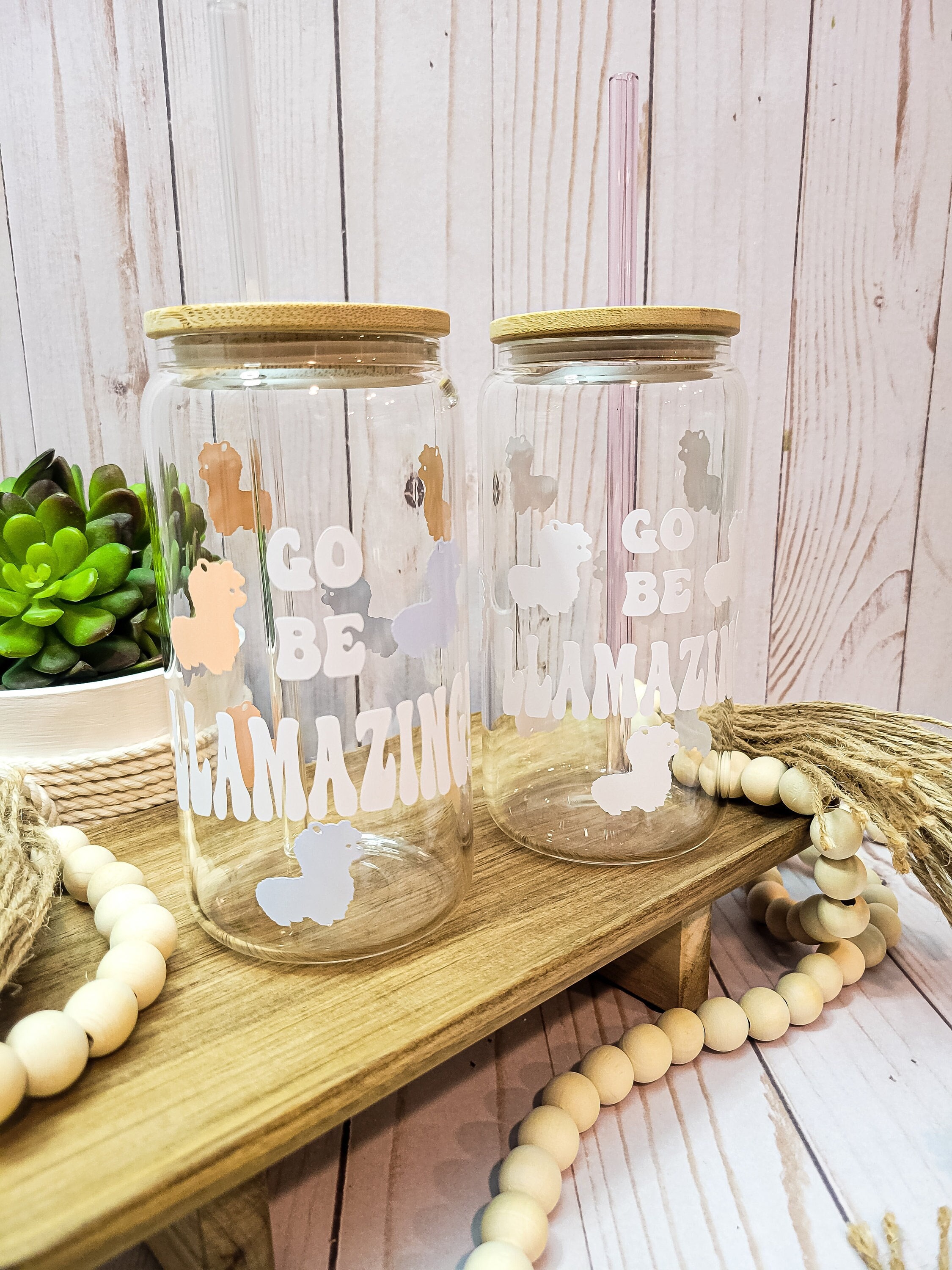 Llama GLASS Cup, Motivational Baby Llamas Bamboo Lid and Straw, Boho Aesthetic Iced Coffee Cup, Soda Can Glass, Coffee Tumbler with Lid