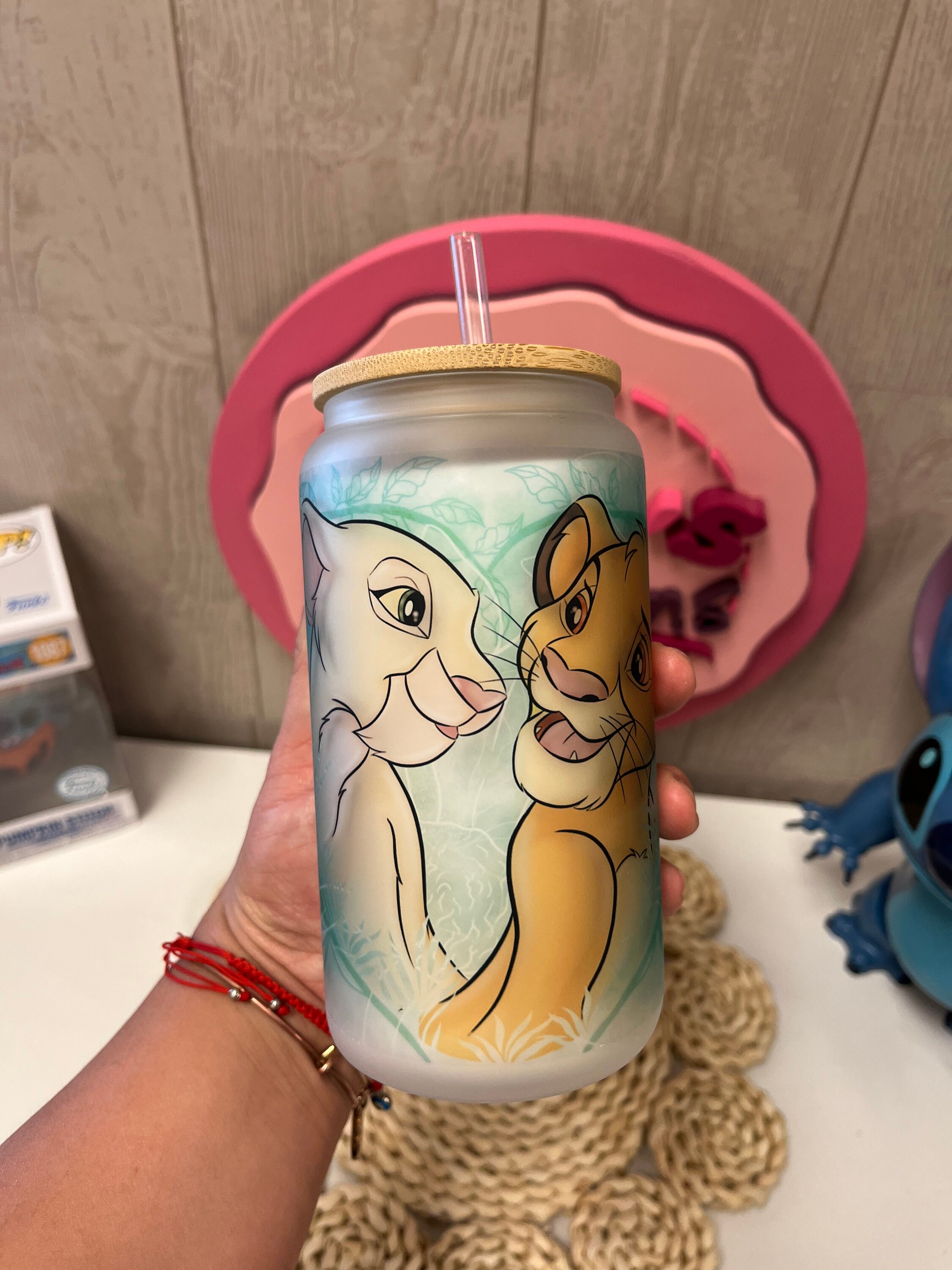 Dumbs and Nala frosted glass can, Lion King frosted glass can,