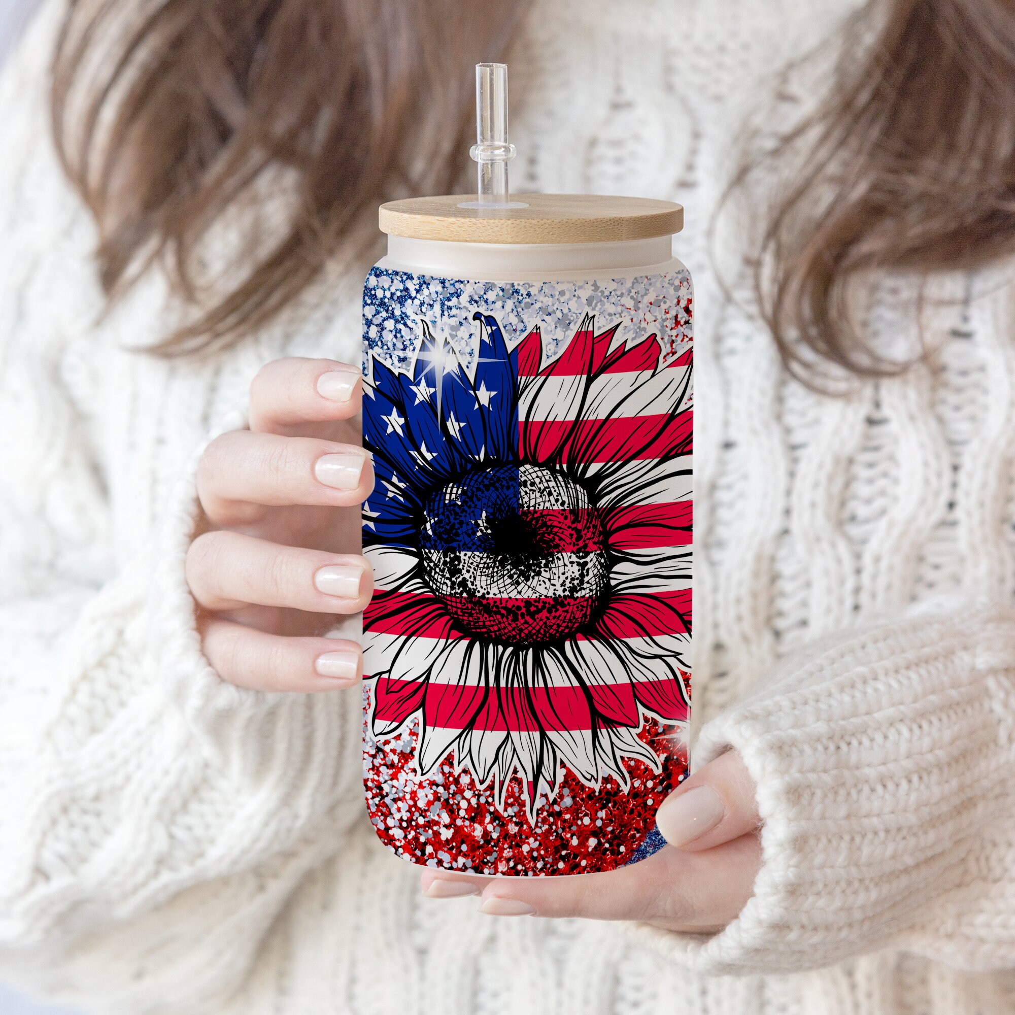 16 oz Libbey Glass Can Sublimation 4th of July ,Sunflower the USA ,Peace Love America Flag Sunflower Glass can Tumbler Sublimation Designs