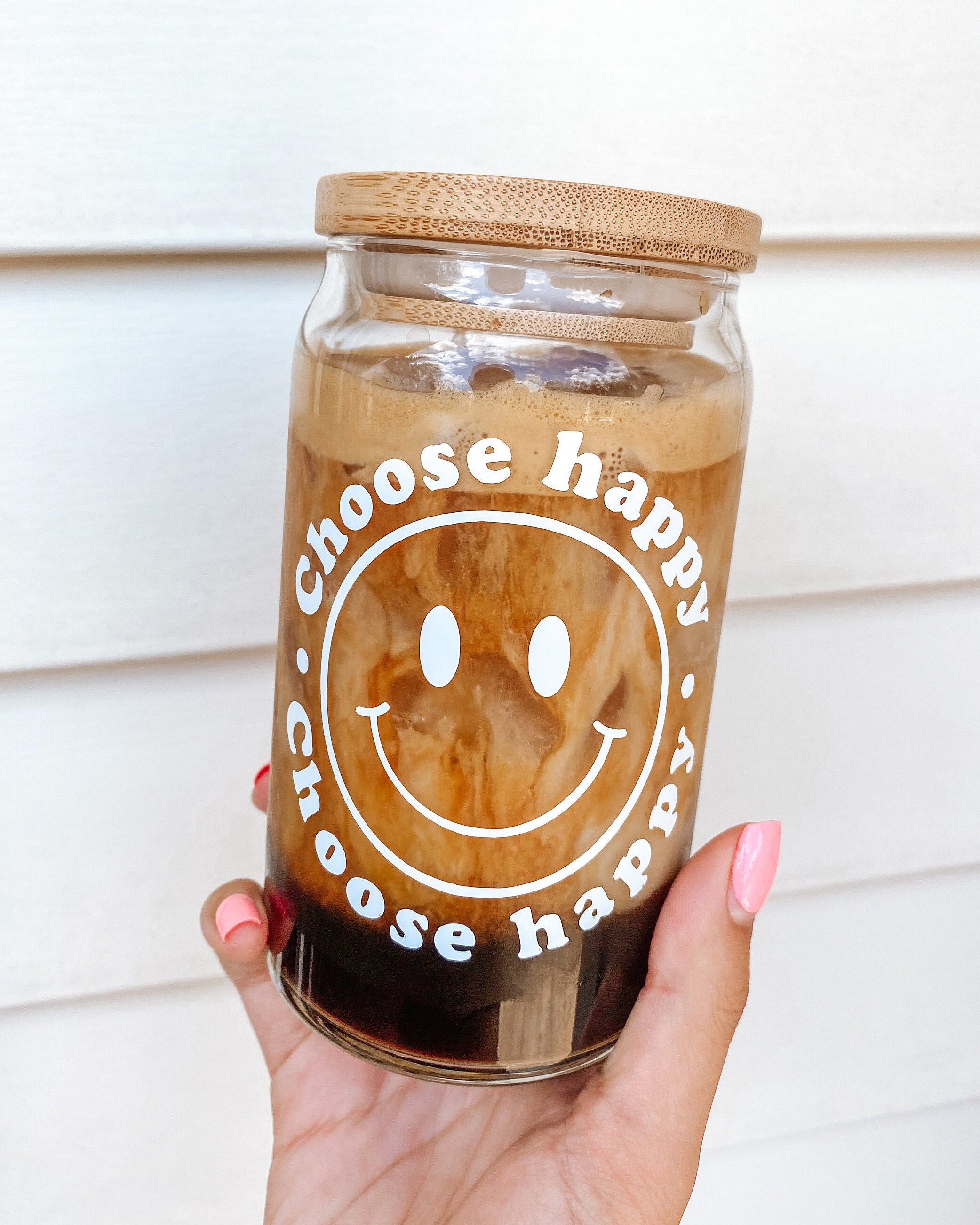 Smiley Face Glass Cup| Iced Coffee Glass| Trendy Smiley Face| Lid