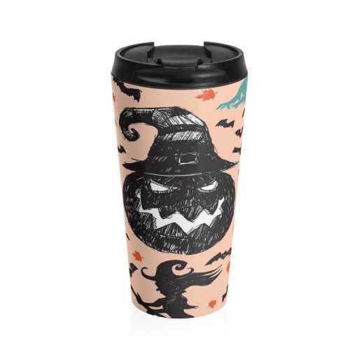 Stainless Steel Travel Mug, Halloween Holiday Pumpkin Travel Mug, All Over Print Steel Mug, 15 Ounce Tumbler, 15Oz Coffee Tea Drinkware Mug