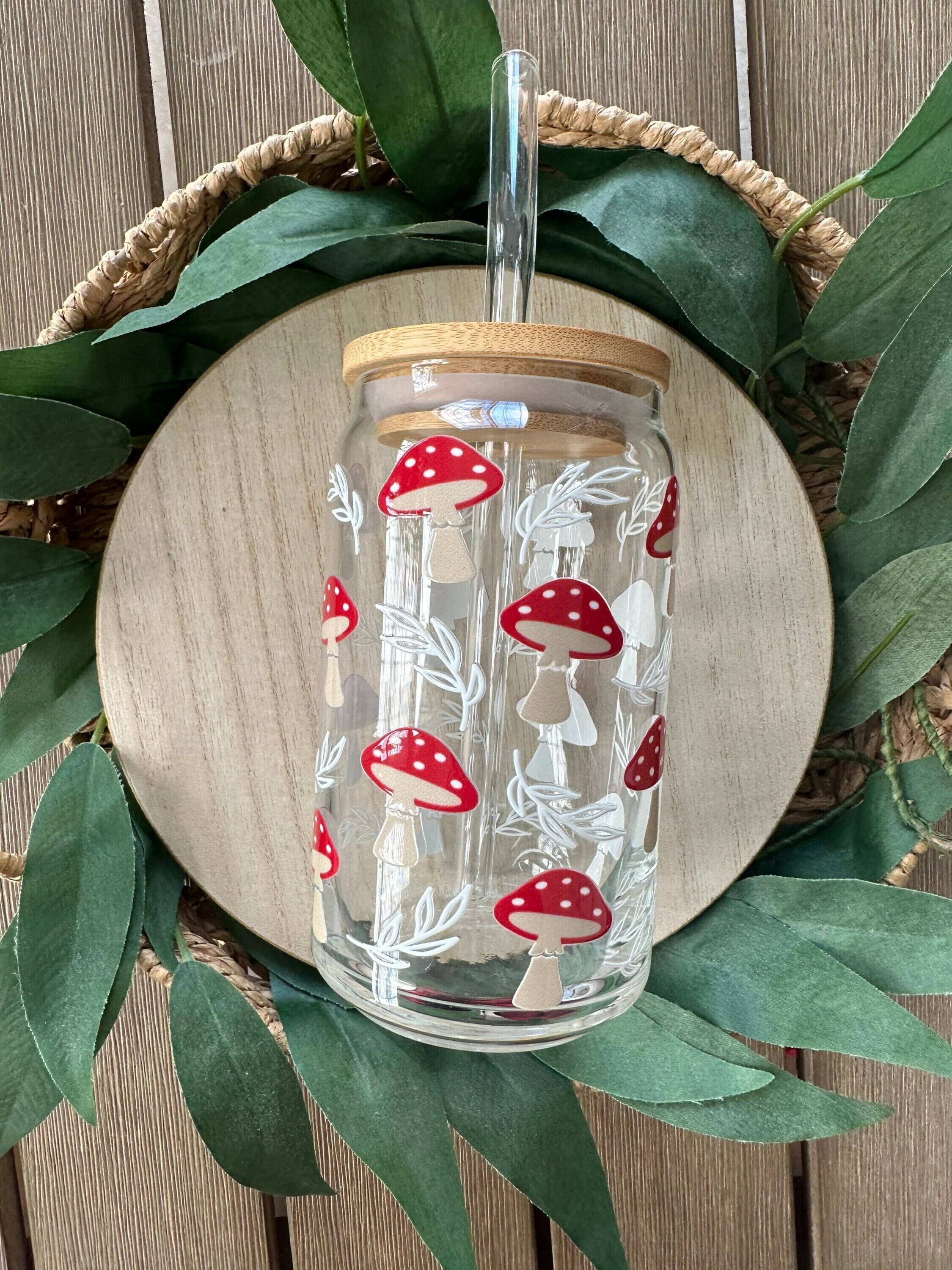 Mushroom Beer Can Glass, Mushroom Glass Cup, Mushroom Coffee Glass, Boho Iced Coffee Glass, Retro Iced Coffee Glass, Toadstool Glass Cup