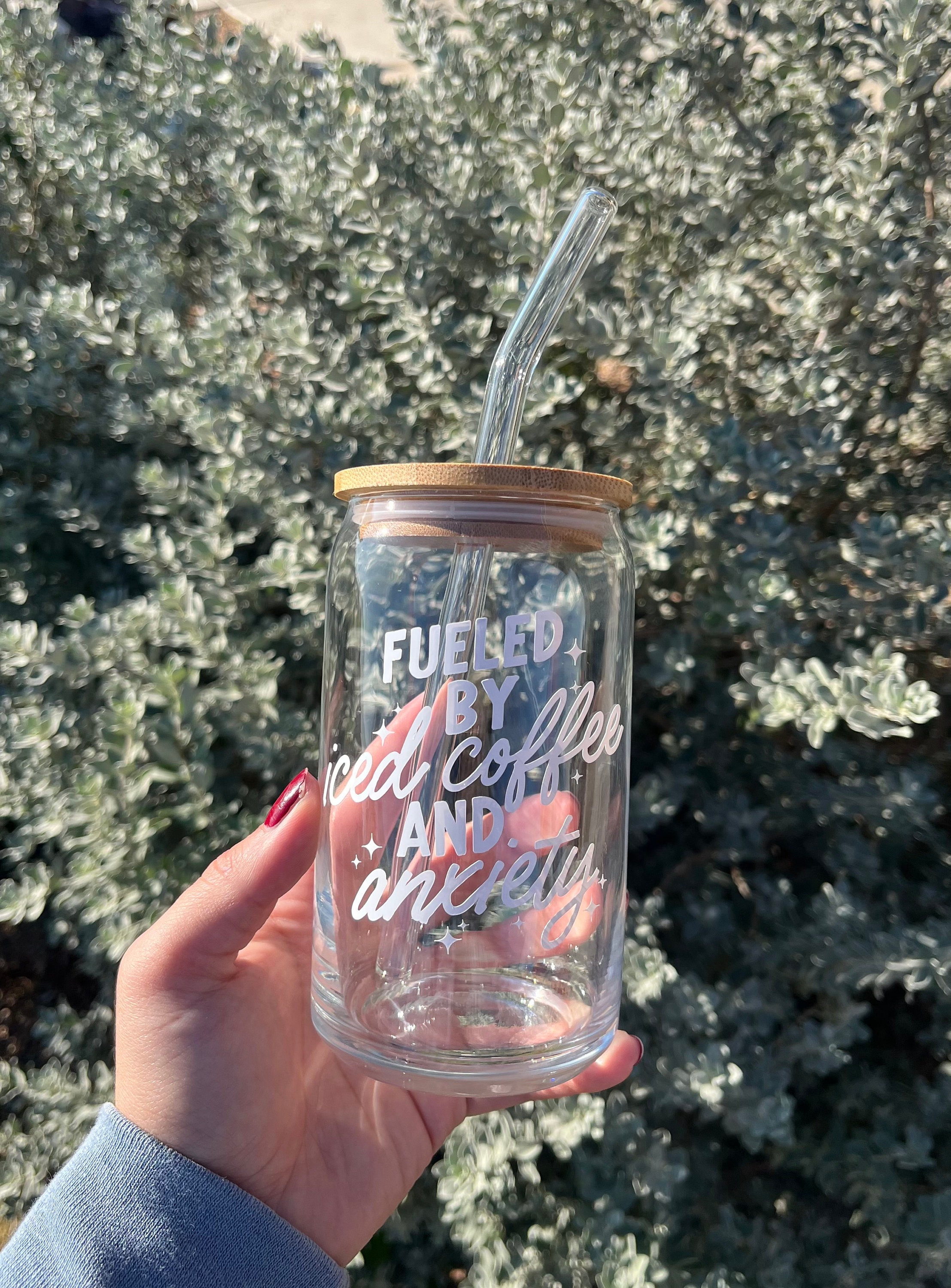 fueled by iced coffee and anxiety glass cup, cute coffee glass, aesthetic beer can glass