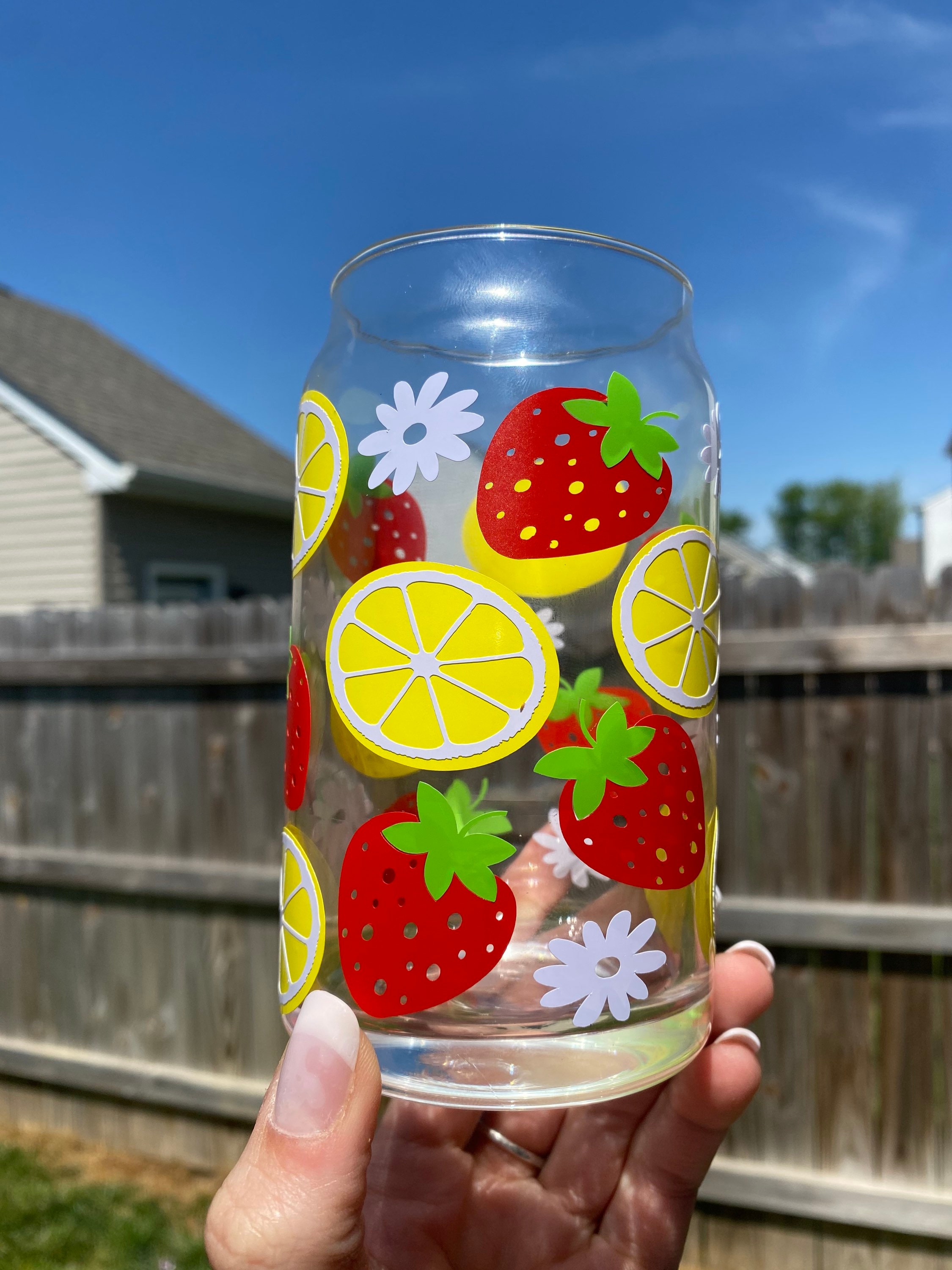 Strawberry Lemon Glass Cup | Strawberry Iced Coffee Cup | Beer Can Glass | Fruit Glass Cup | Daisy Fruit Cup | Strawberry | Fruit Cups