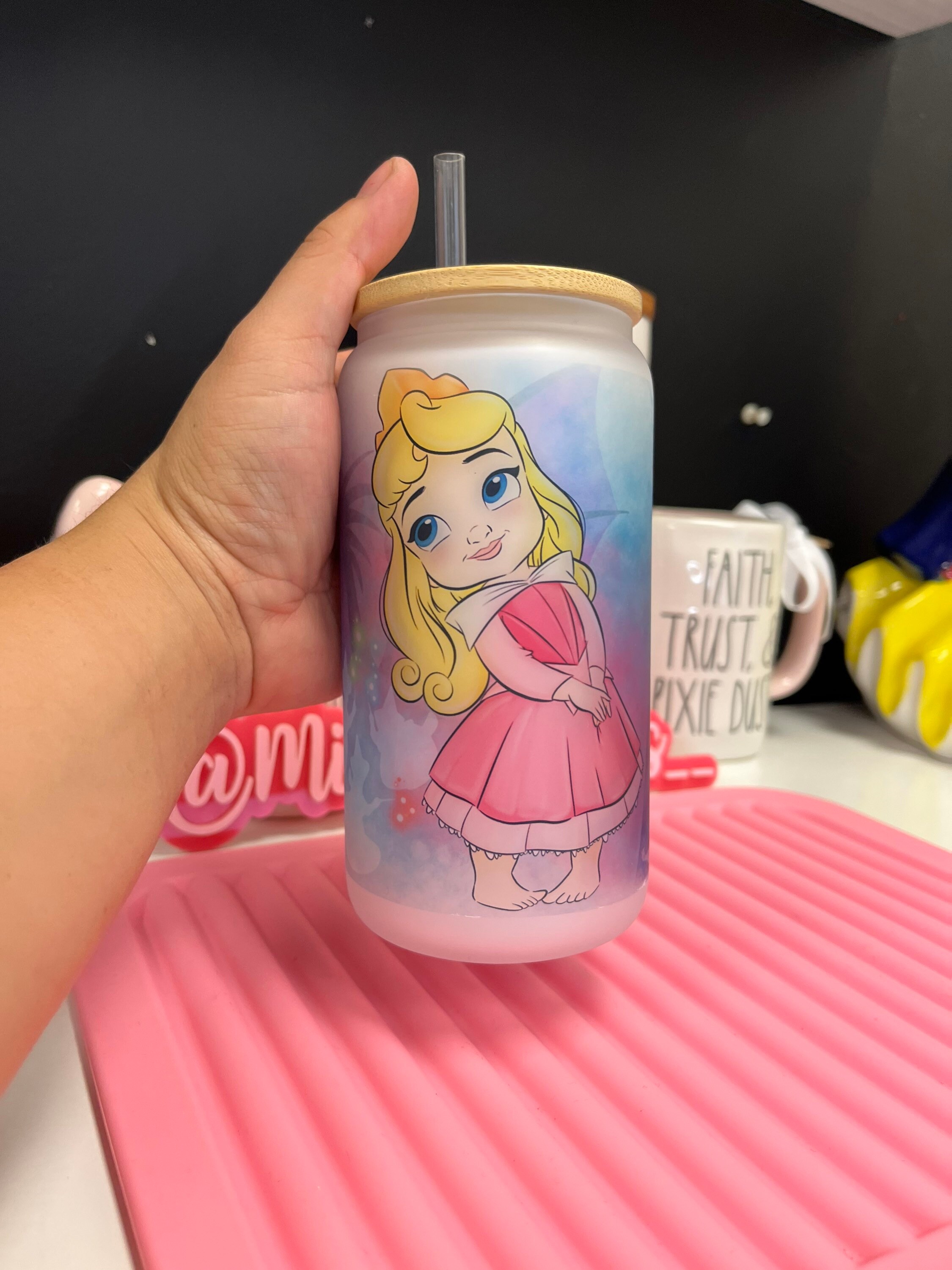 Sleeping beauty frosted glass can, Glass can, Princess glass can