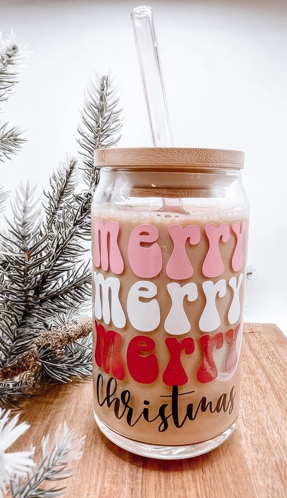 Merry Christmas Pink Retro Iced Coffee Glass, Christmas Glass, Gift For Her, Xmas Coffee Glass Tumbler