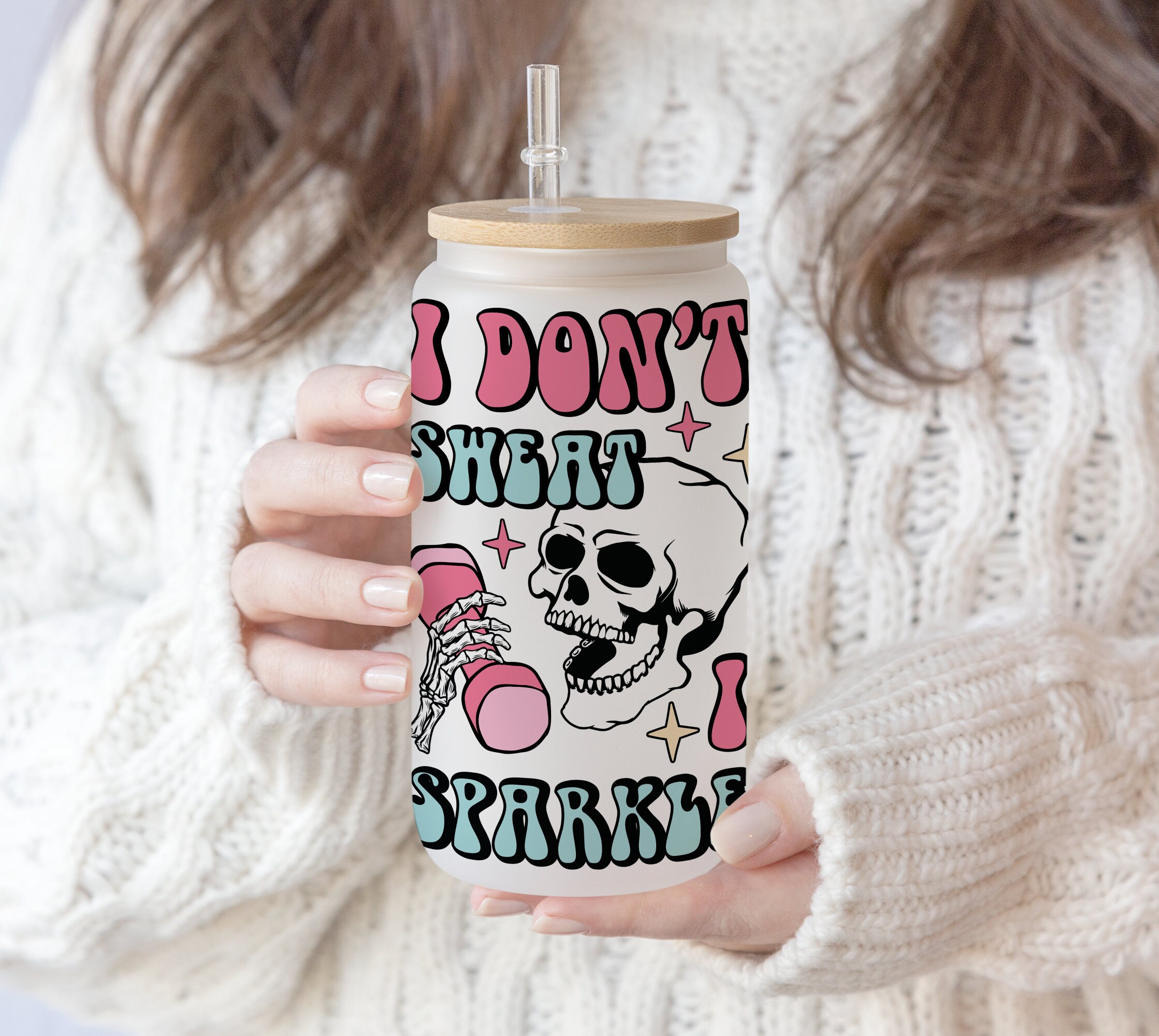 16 oz Libbey Glass Can Retro Workout Fitness Weights Gym | Iced Coffee Lover | Skull Skeleton |Skull Gift for Mom Digital Download PNG