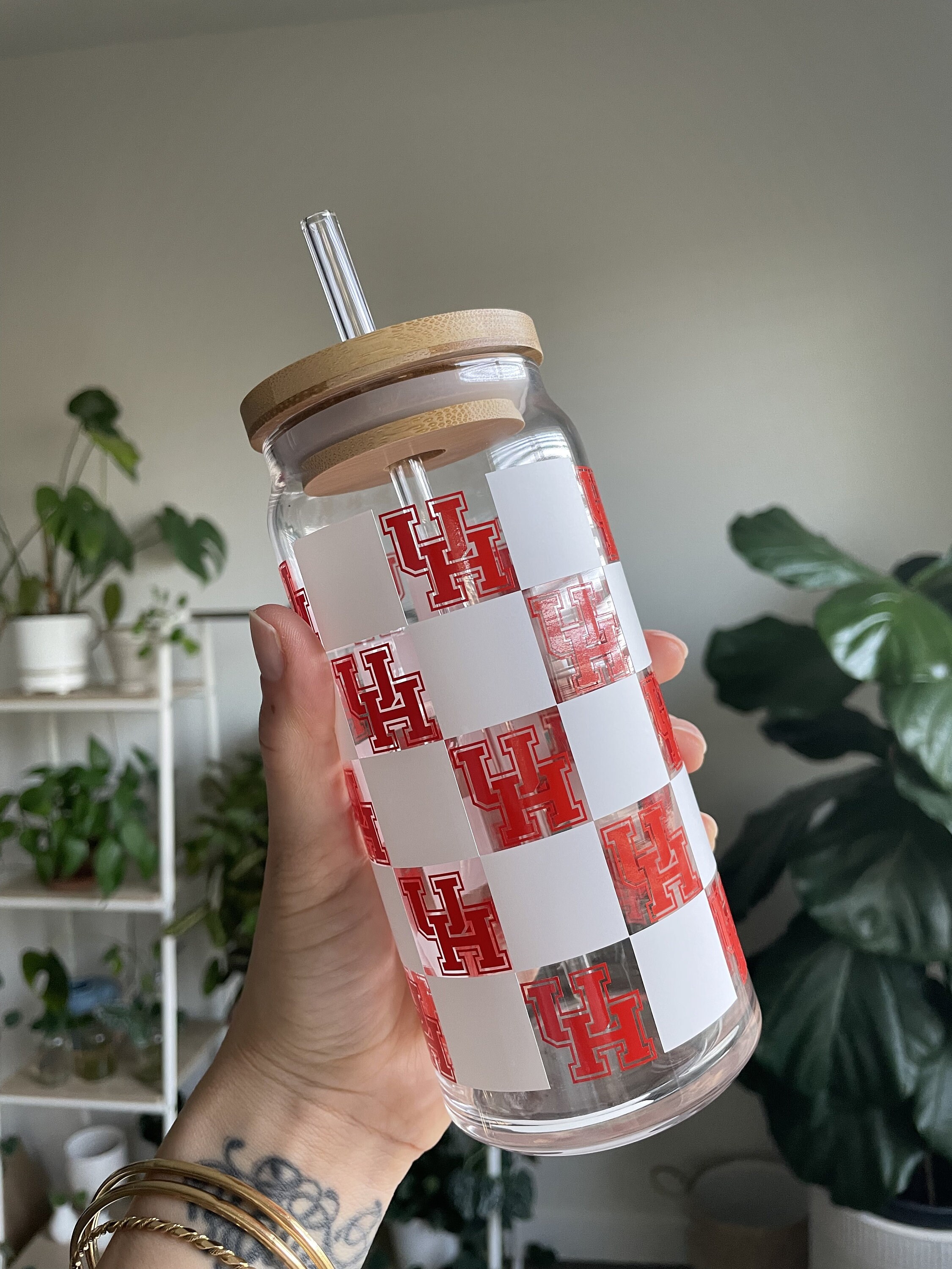 UH Glass, Iced Coffee Cup, Gift for University of Houston Grad, Houston Mug, Checker Glass Cup, Gifts for Her, Gift for Him, UH Alumni Cup