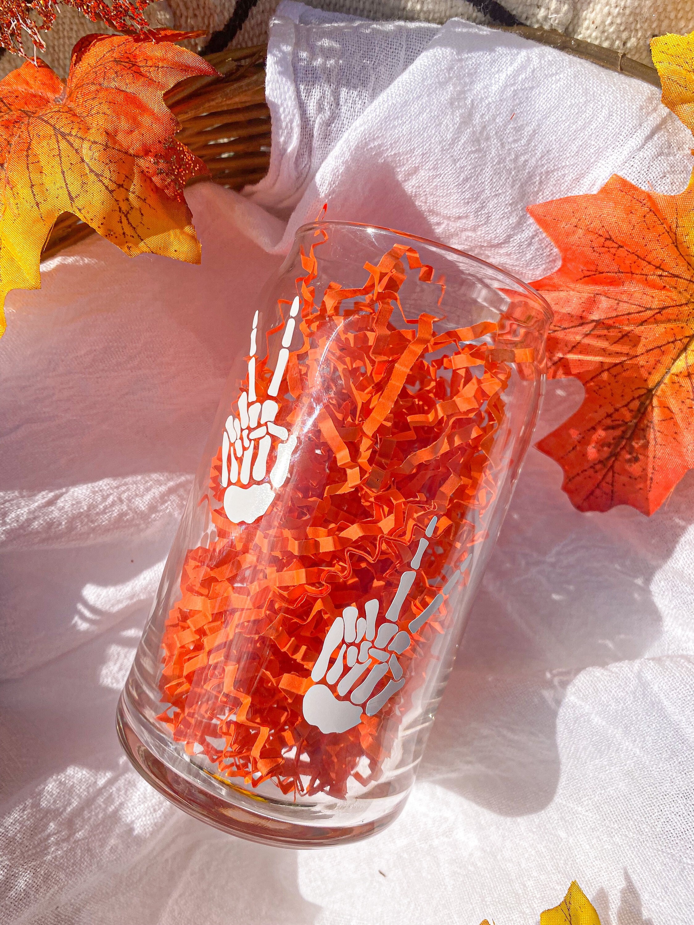 Halloween Skeleton Peace Glass Beer Can | Spooky Season Ghost Cup | Fall, Hocus Pocus, and Pumpkin Party Drinkware | Trick Or Treat Beverage