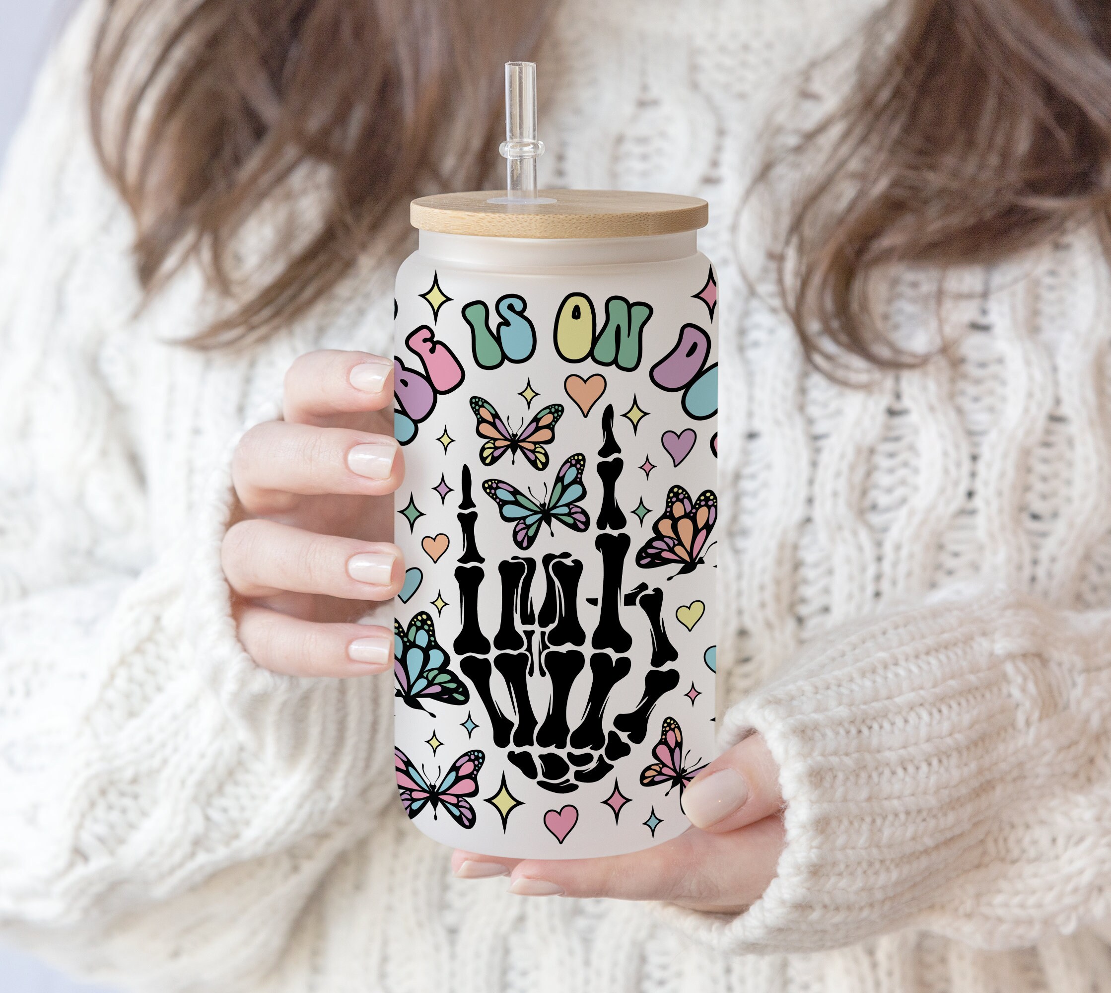 16 oz Libbey Glass Can Sublimation Skeleton Flower My Whole Vibe Is On Do Not Disturb Good Vibes | trendy Halloween Skull Pen wrap PNG file