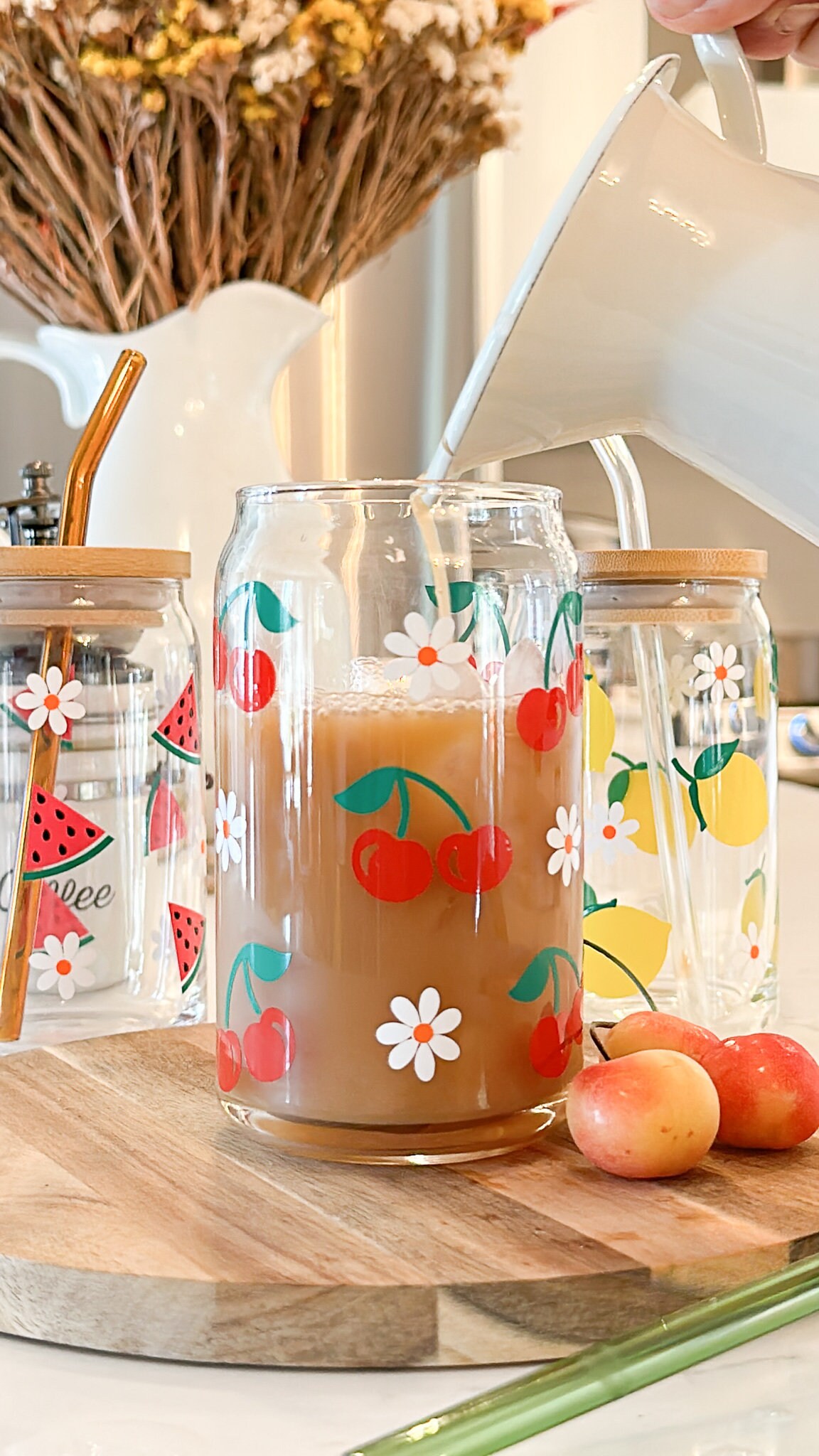 Fruit Beer Can Glass, Summer Iced Coffee Glass, Cherries Can Glass, Lemon Coffee Cup, Watermelon Glass Tumbler, Iced Coffee, 16 Oz Glass Can