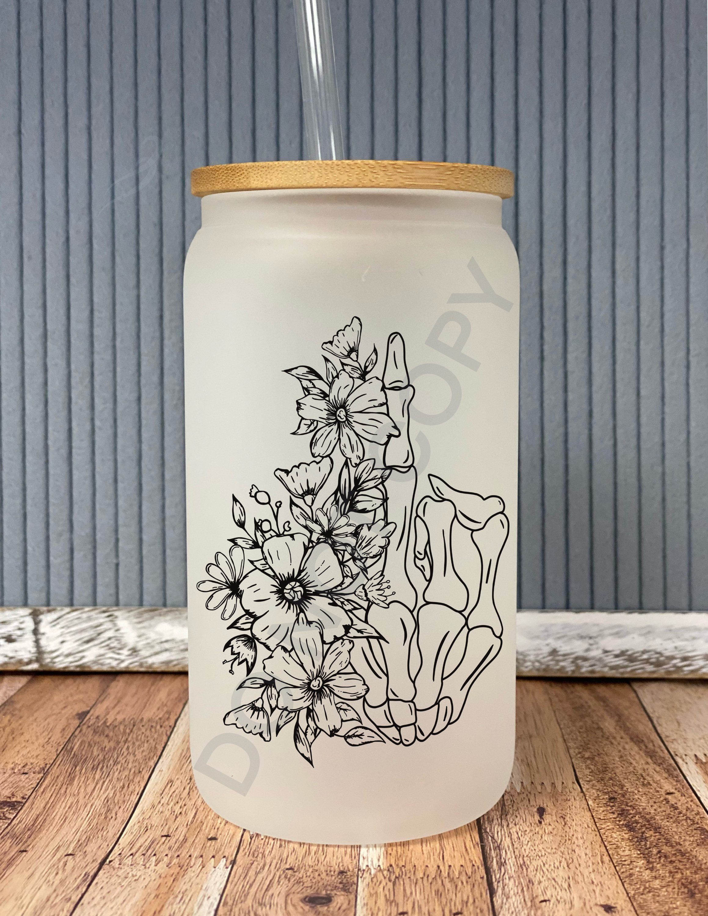 Floral skeleton hand middle finger- frosted can shaped glass with lid and straw