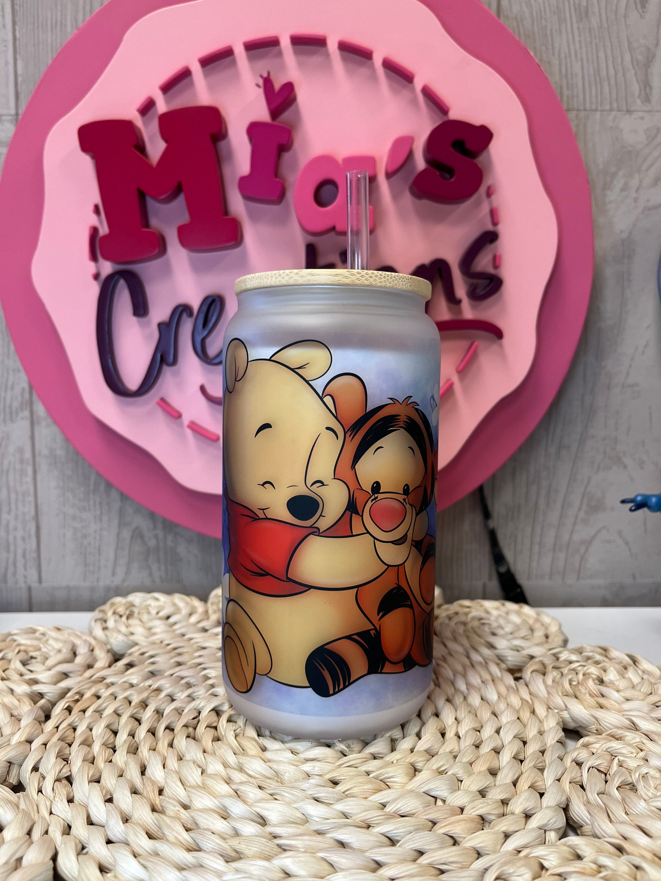 Winnie and Tiger frosted glass can, Winnie the Pooh glass can, Winnie the pooh