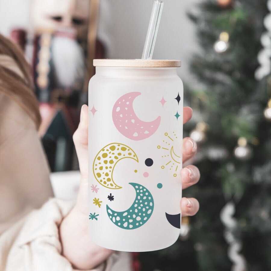 Mystical Moons Beer Can Glass | Astrology Lover Gift | Zodiac Mug | Iced Coffee Cup | Stargazer Coffee Cup | 16oz Libbey Glass Can