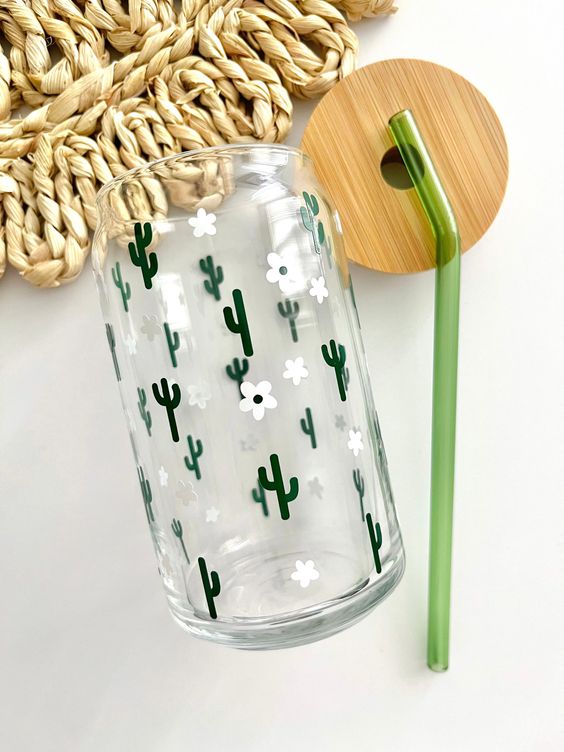 Cactus and Daisy Glass Cup, Iced Coffee Glass, Plants Glass Cup, Cute Coffee Cup, Plant Lady Cup