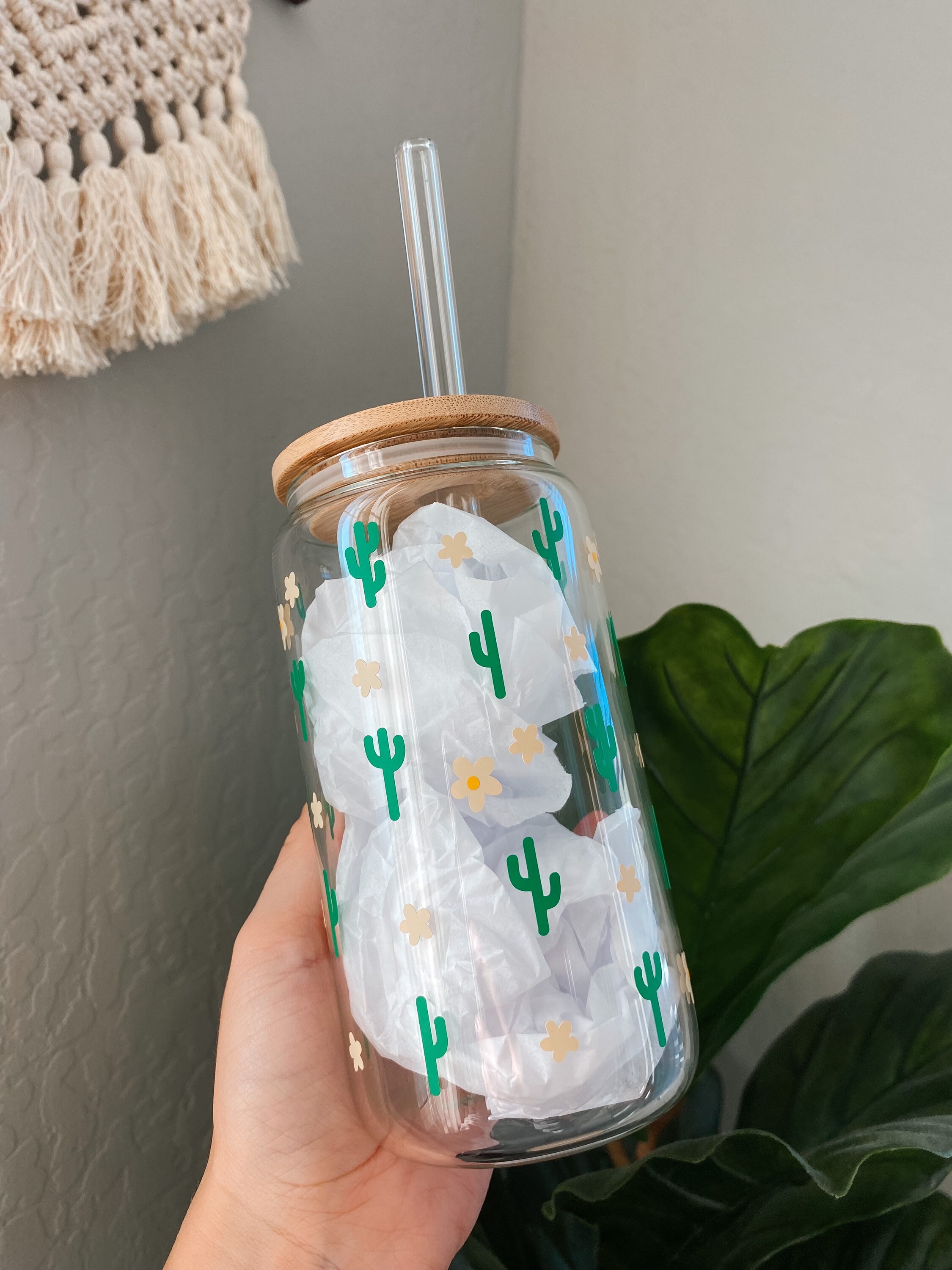 Cactus glass can cup | cactus and flower glass can cup | Christmas gifts | secret Santa gifts | iced coffee cup | coffee cup | glass cup