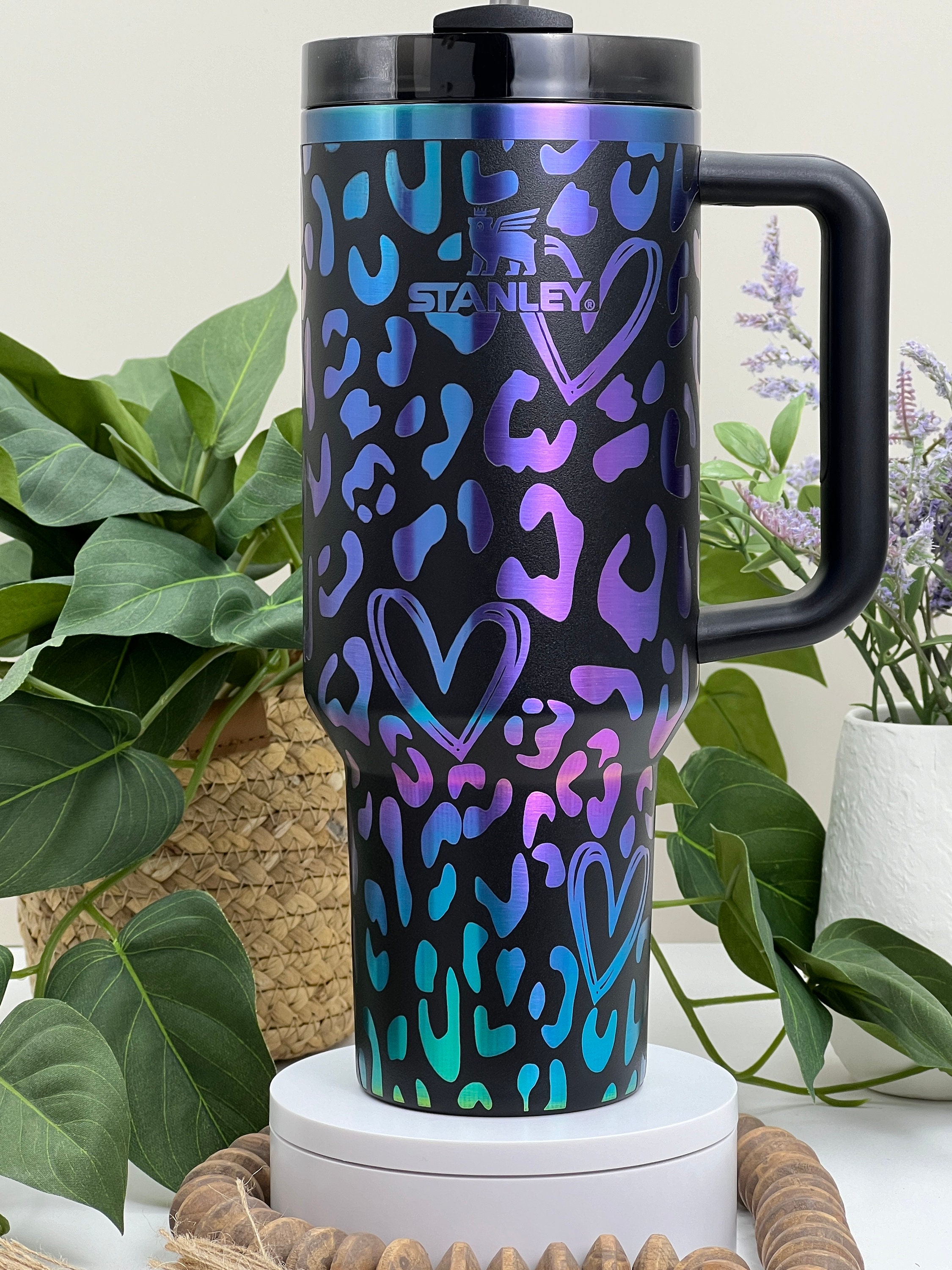 Cheetah Hearts Leopard Laser Engraved 40oz Tumbler with Handle Lid and Straw, Custom Engraved Seamless Tumbler, Double Wall Insulated Cup