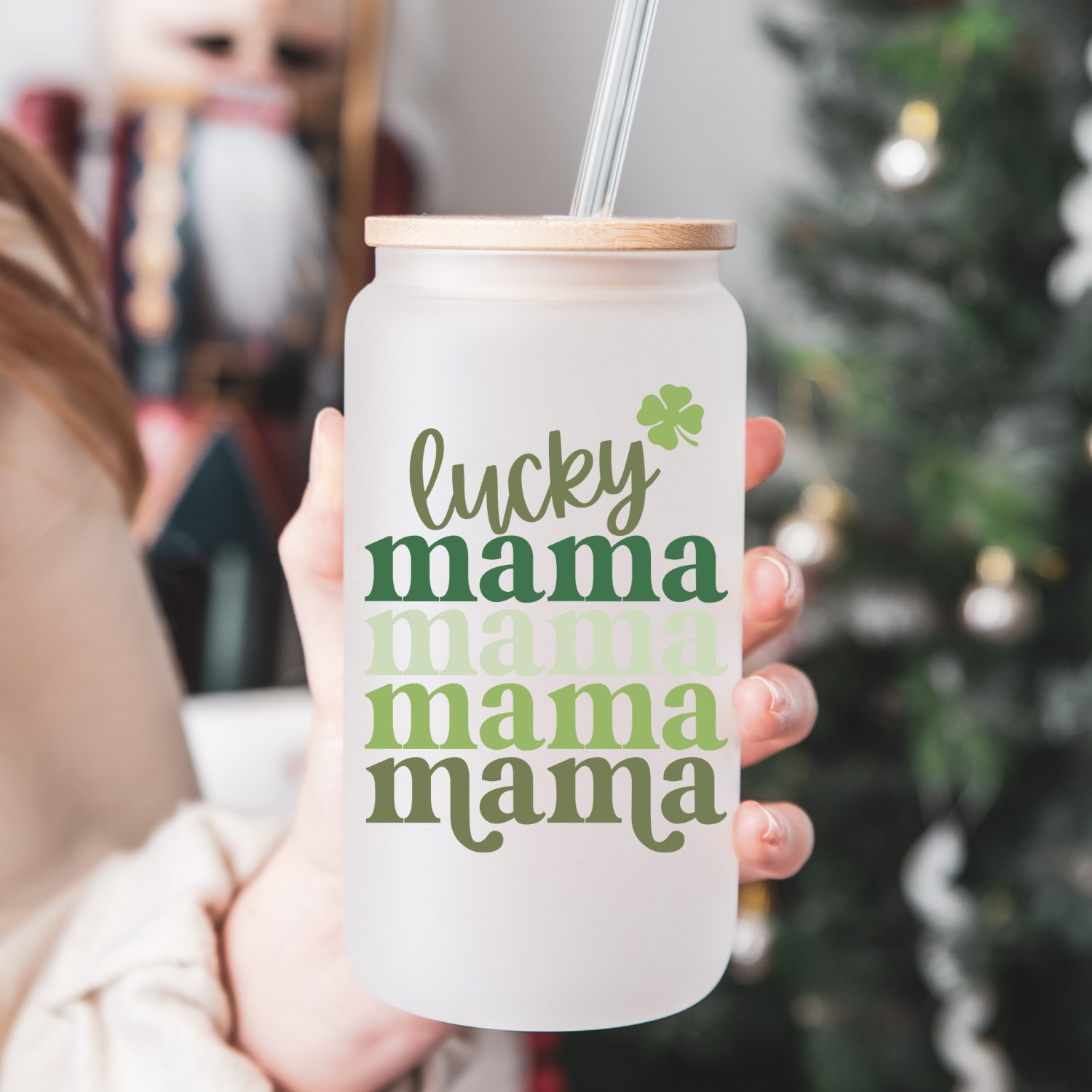 Lucky Mama St Pat’s Beer Can Glass | St Pat’s Day Cup | Lucky Coffee Glass | 16oz Libbey Glass | Coffee Glass | Gift for Mom | Iced Coffee