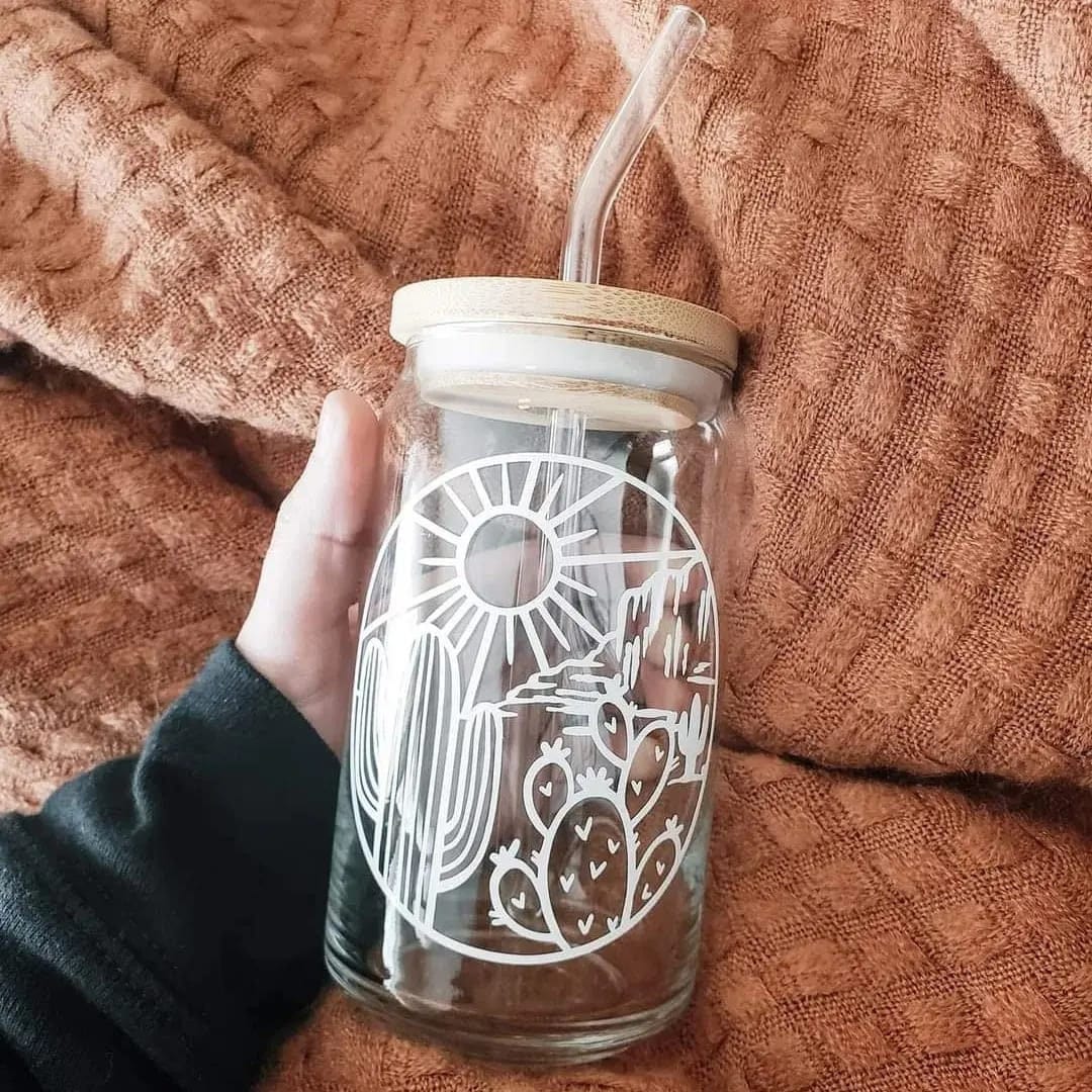 Sunshine and Cactus Cup | Libby Beer Glass | Glass Cup With Bamboo Lid | Iced Coffee Glass with Straw