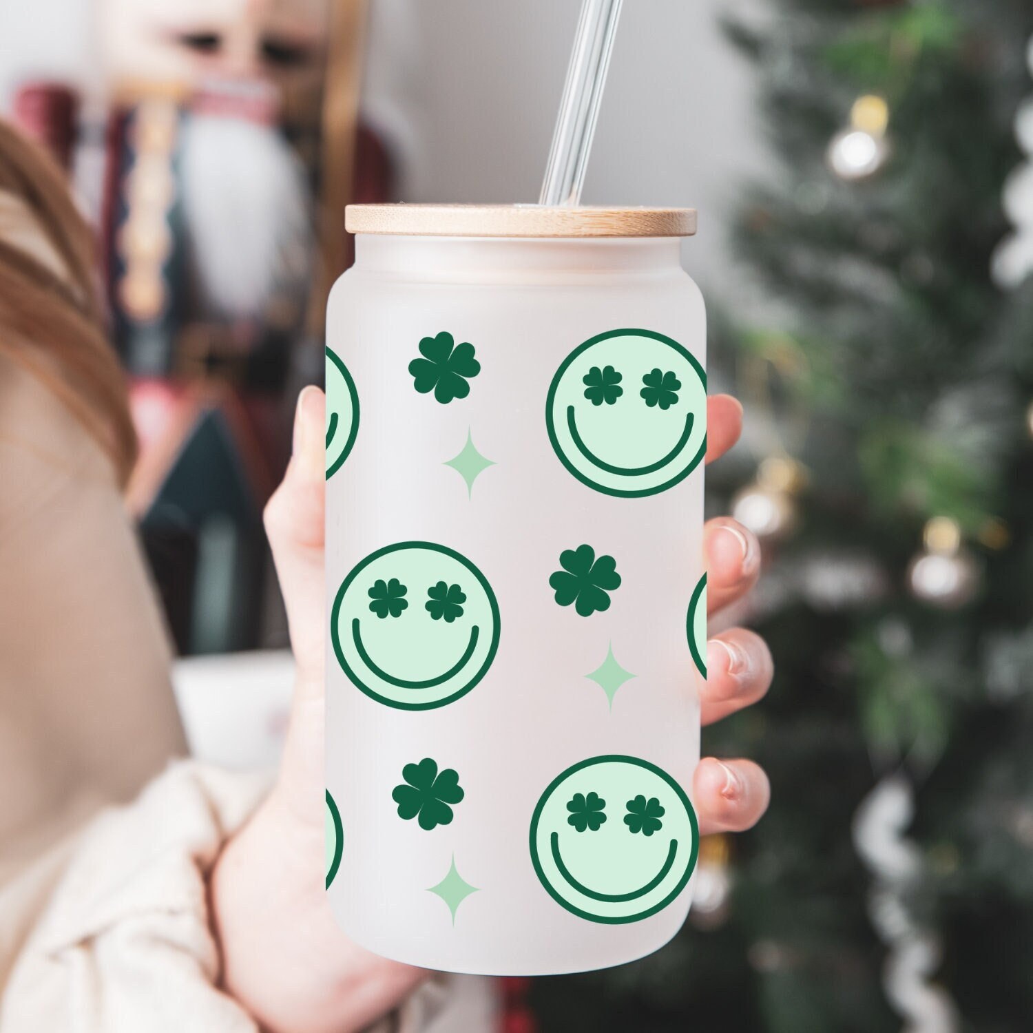 Happy Face Shamrock St Pat’s Beer Can Glass | St Pat’s Day Cup | Lucky Mug | 16oz Libbey Glass | Coffee Glass | Shamrock Mug | Iced Coffee