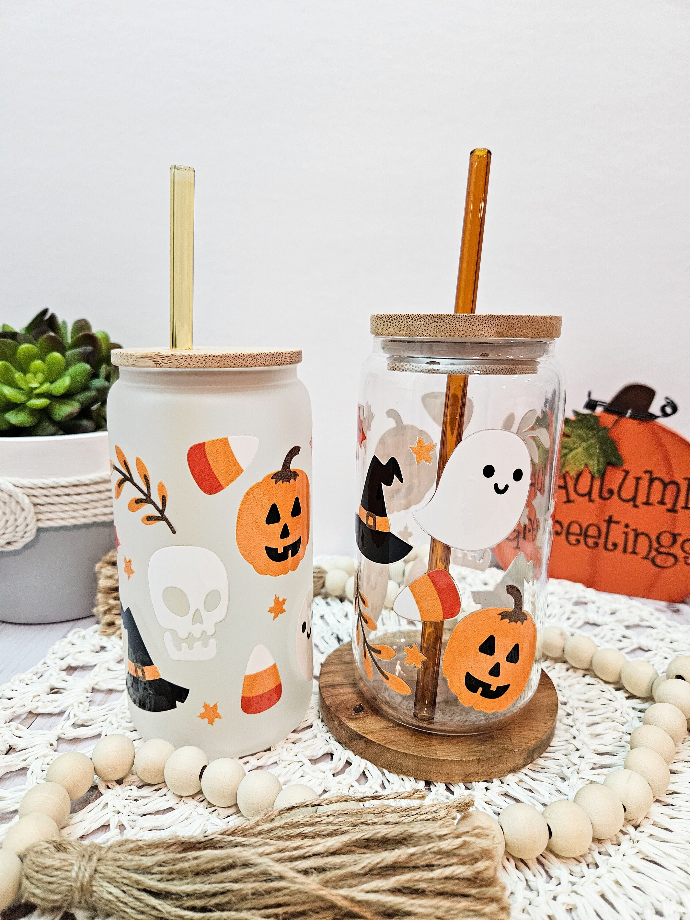 Retro Halloween Can Glass, ICED COFFEE GLASS Cup, Spooky Season Tumbler, Spooky Vibes, Bats, Candy Corn, Skeleton, Witch, Spooky Season Gift