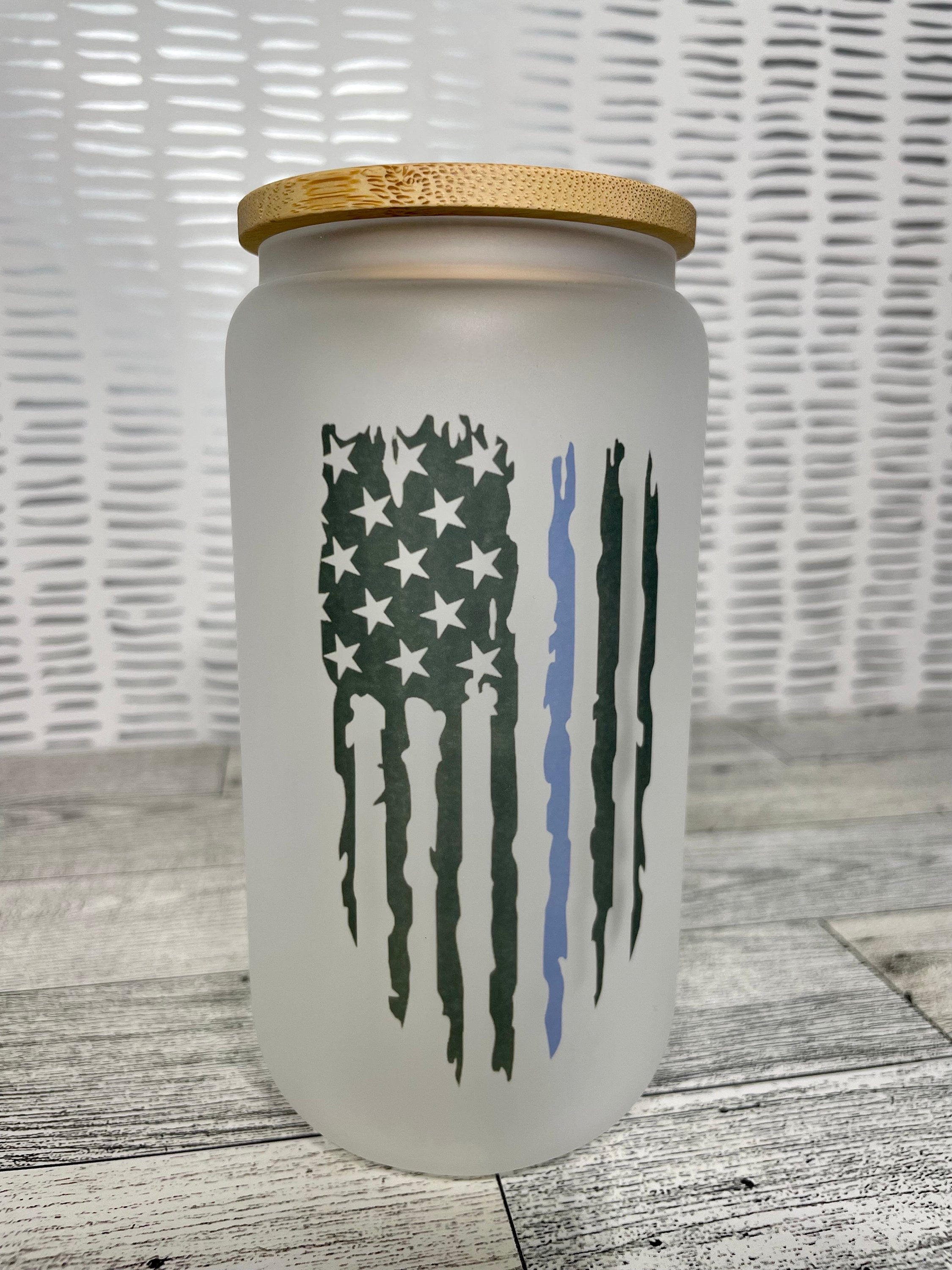 Thin Blue Line Flag | Beer can glass | Sublimation Glass | Police Beer Can Glass