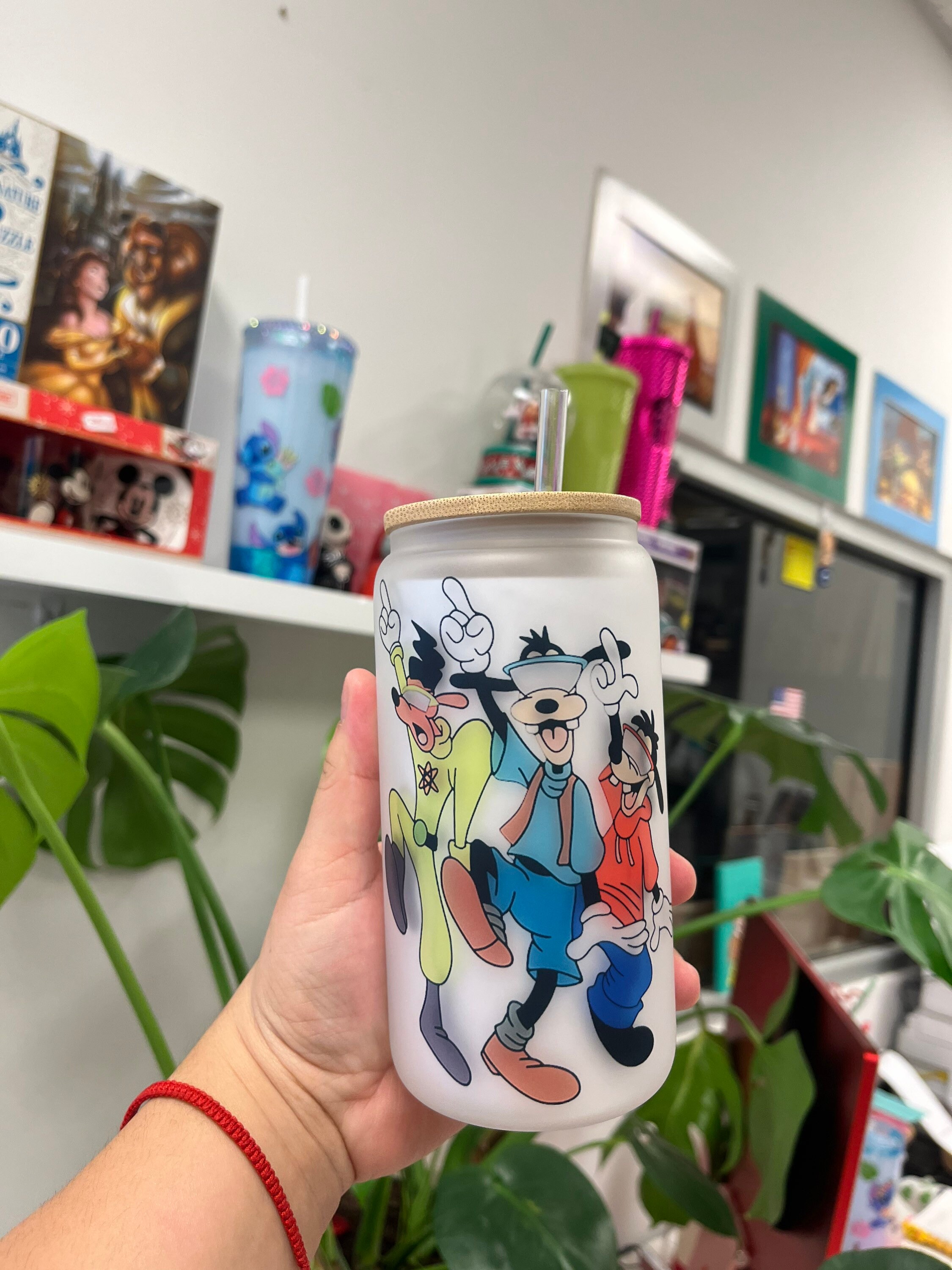 Goofy movie trio frosted glass can, Custom glass can, Goofy trio glass can