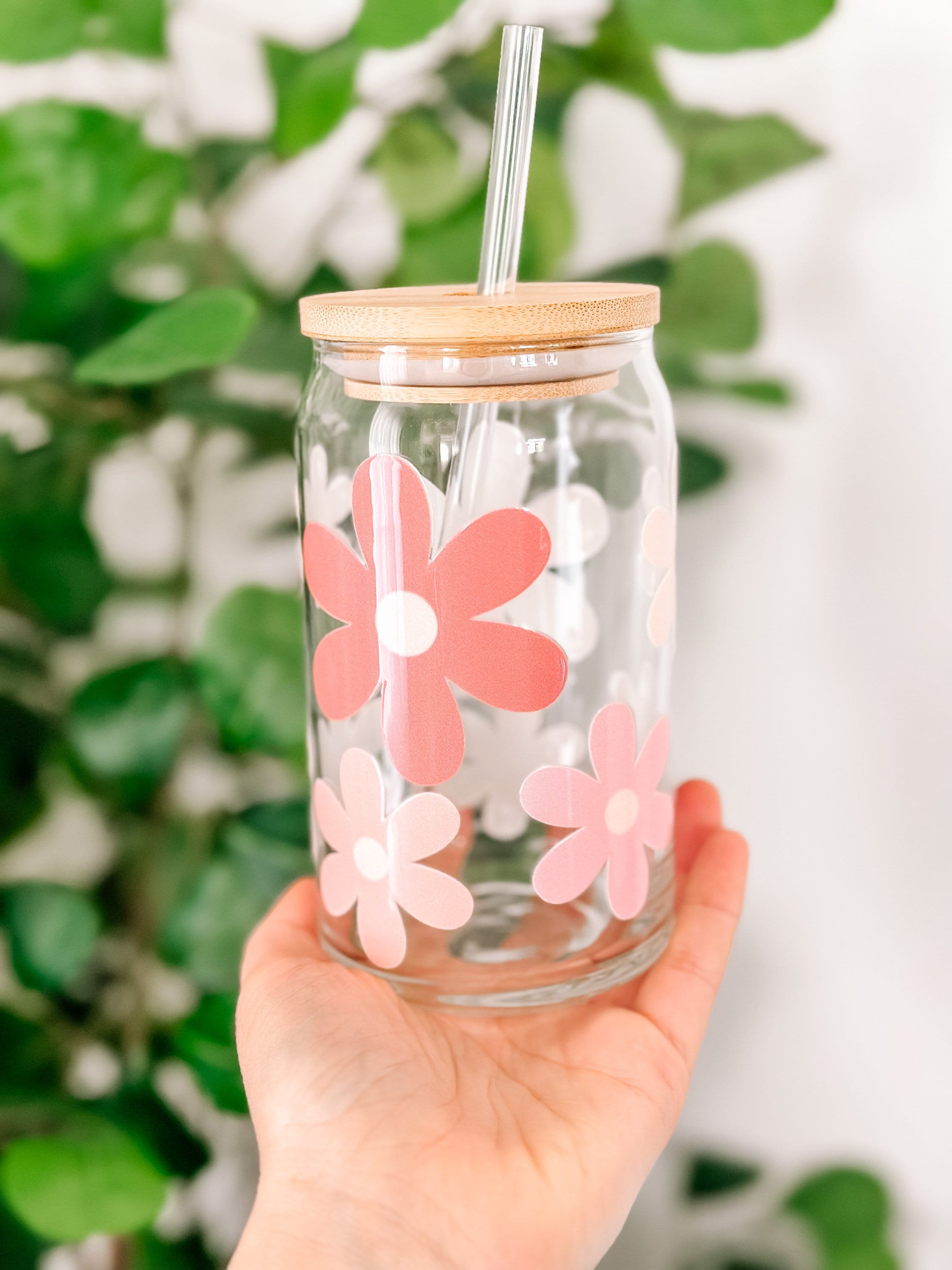 Daisy Cup Iced Coffee Cup Glass – Retro Flower Glass Jar – Daisy Coffee Glass Cup – Boho Beer Glass Jar – Iced Coffee Glass