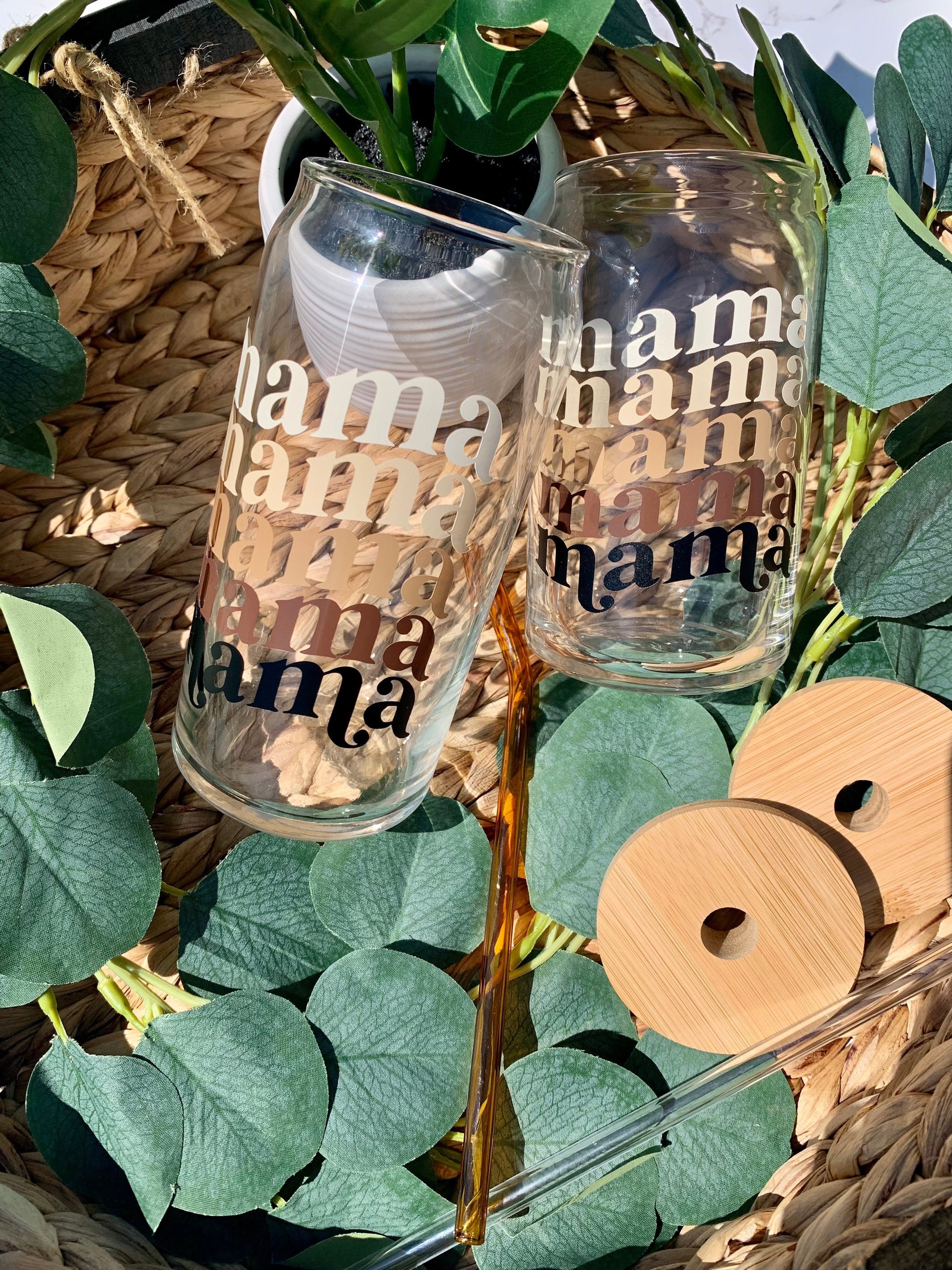 Mama Beer can glass, beer can glass, Beer glass, libbey glass, engraved lid, coffee glass, bamboo lid and glass straw, iced coffee glass